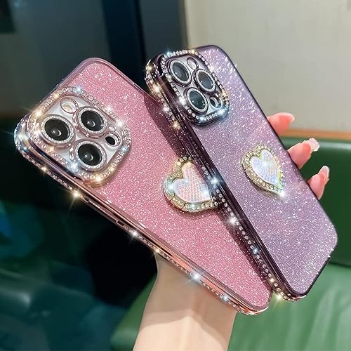 Miniatura 4 de Bonita funda compatible con iPhone 13 Pro de 6.1 pulgadas, diamantes brillantes + fundas de tarjetas con purpurina con soporte de corazón de amor,
