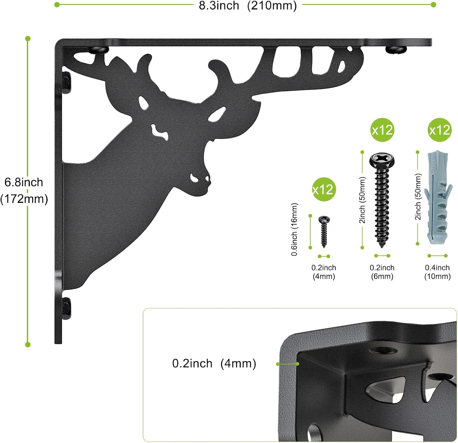 SELEWARE Heavy Duty Shelf Brackets 8 Inch, Deer Shelves Brackets, 300LB Capacity Decorative Metal L Brackets for Floating Shelves, Black Rustic Wall Mount Shelving Bracket with Screws, 4 Pack