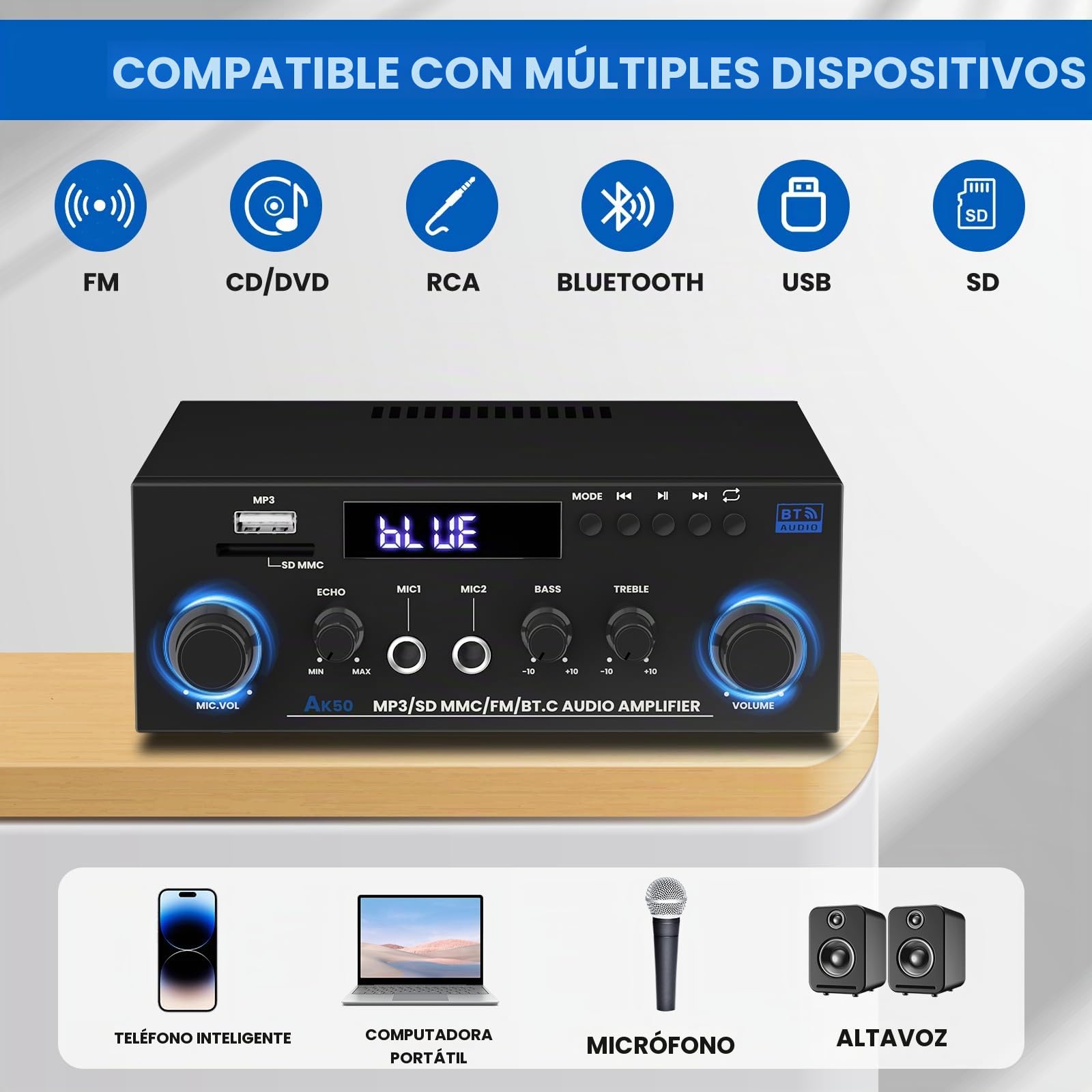 HiFi Audio Amplificador, AK50 Bluetooth 5.3 Amplificador