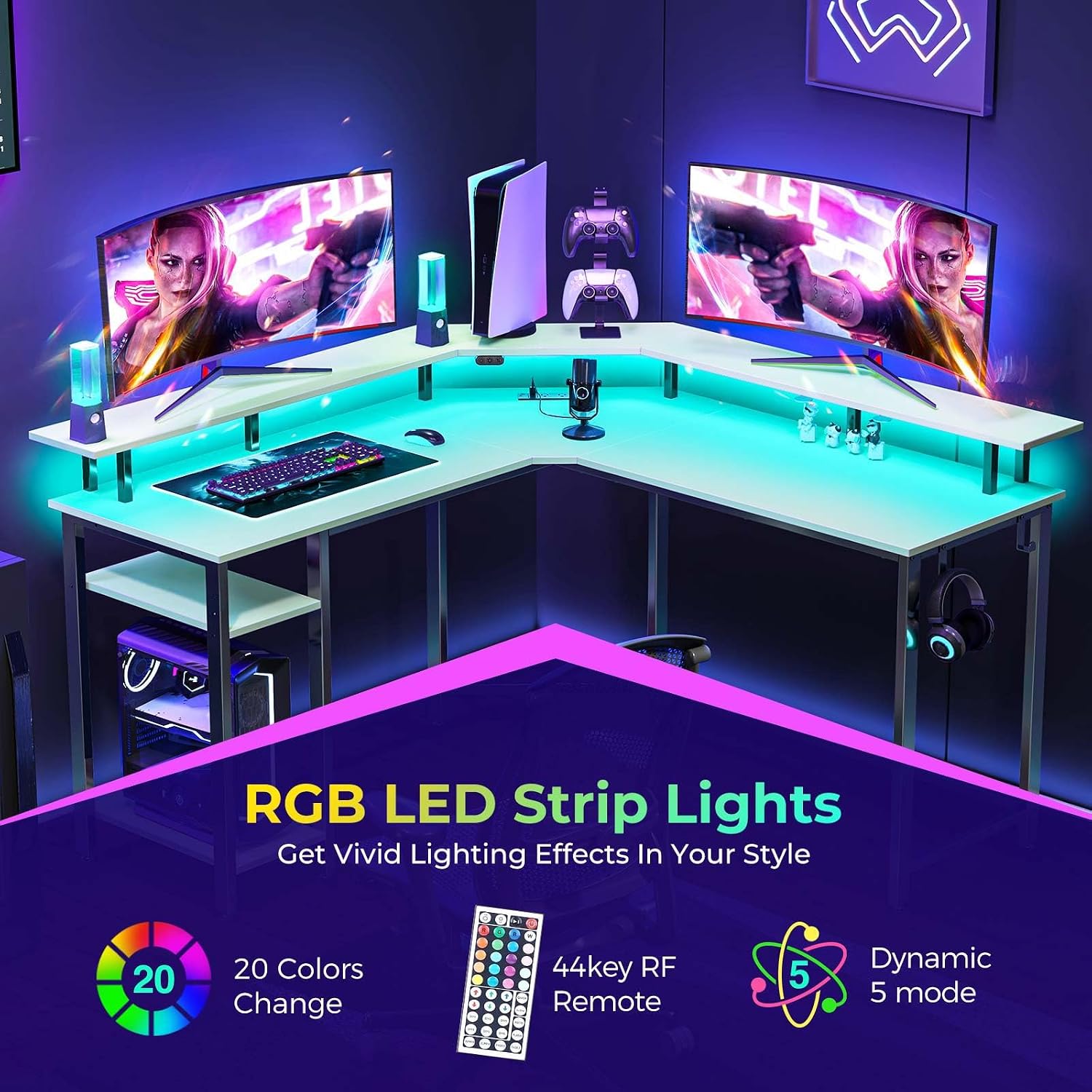 Rolanstar L Shaped Gaming Desk with LED Lights & Power Outlets, 53" Computer Desk with Full Monitor Stand & Storage Shelf, Corner Desk with Hooks, White Desk Reversible