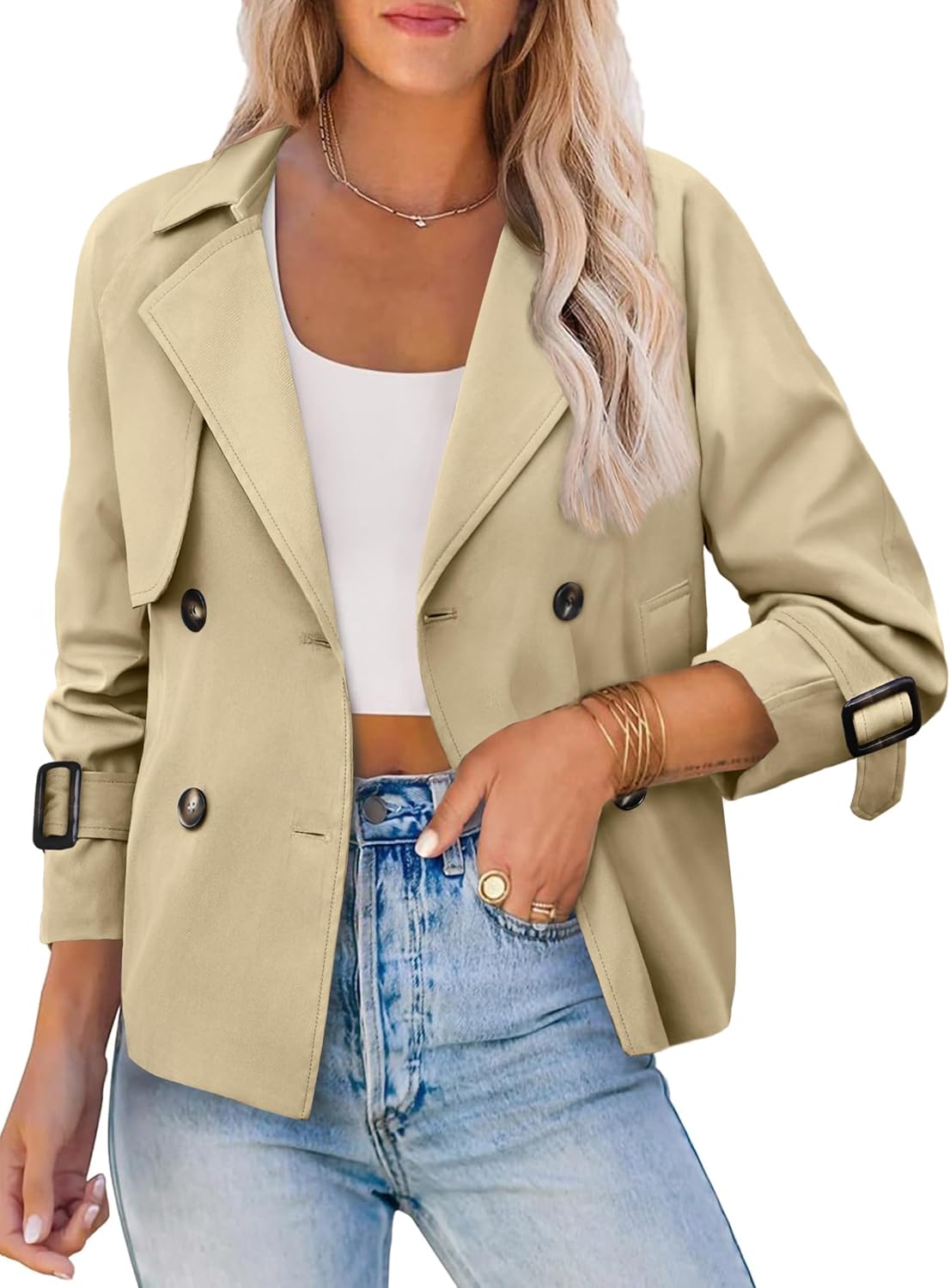 AGSEEM Womens Cropped Trench Coat Casual Double Breasted Long Sleeve Lapel Short Jackets with Pockets Fashion Outerwear 2025