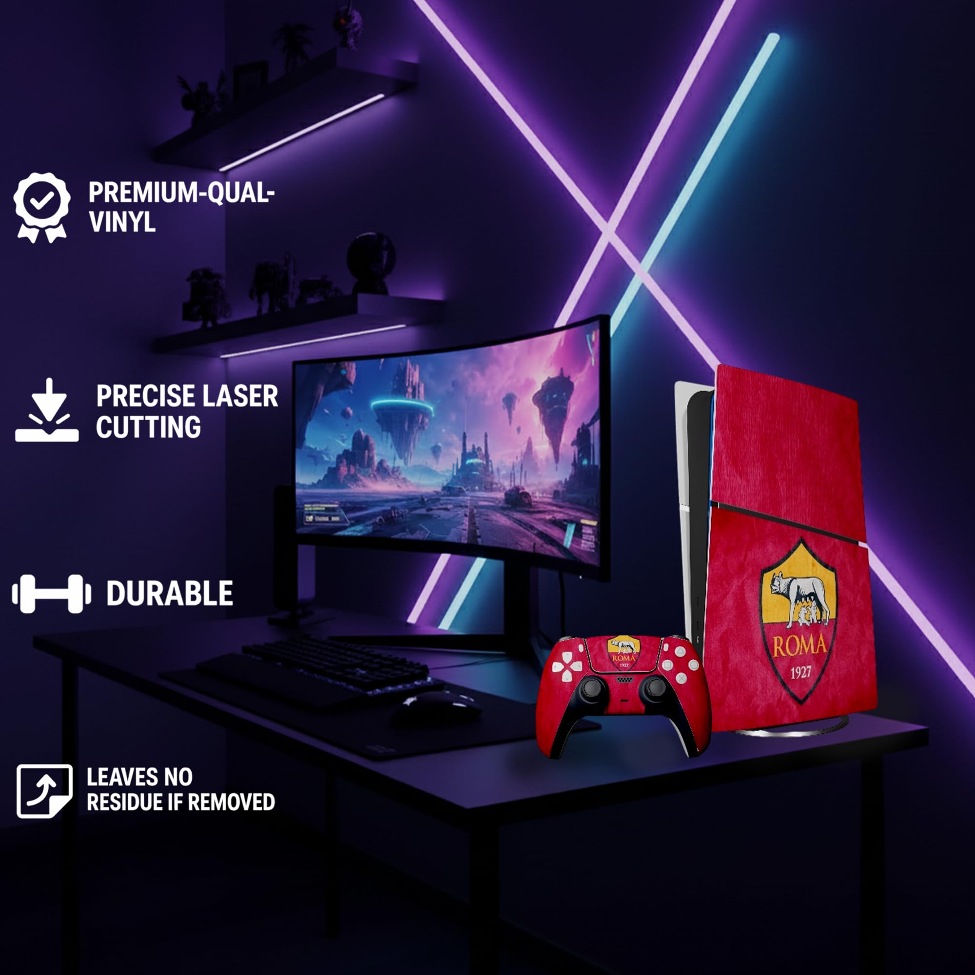 MaD Vision® Extra-Durable Skin Kit per PlayStation 5 (PS5) Disc | Set di Pellicole Adesive in Vinile Opaco per la Console e 2 Controller - per Roma Design