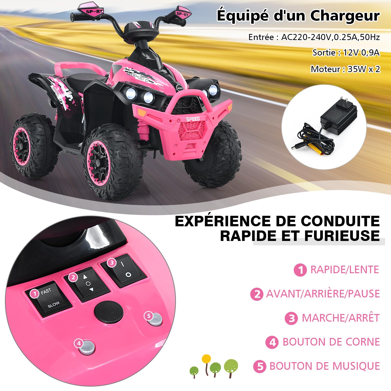 DREAMADE Quad Électrique Enfants 3-8Ans avec Vitesse Réglable,Voiture à Batterie 12V Multifonctions avec Marche Avant et Arrière,Lumières LED,Musique,Pédale,Klaxon,Charge 35KG (Rose)