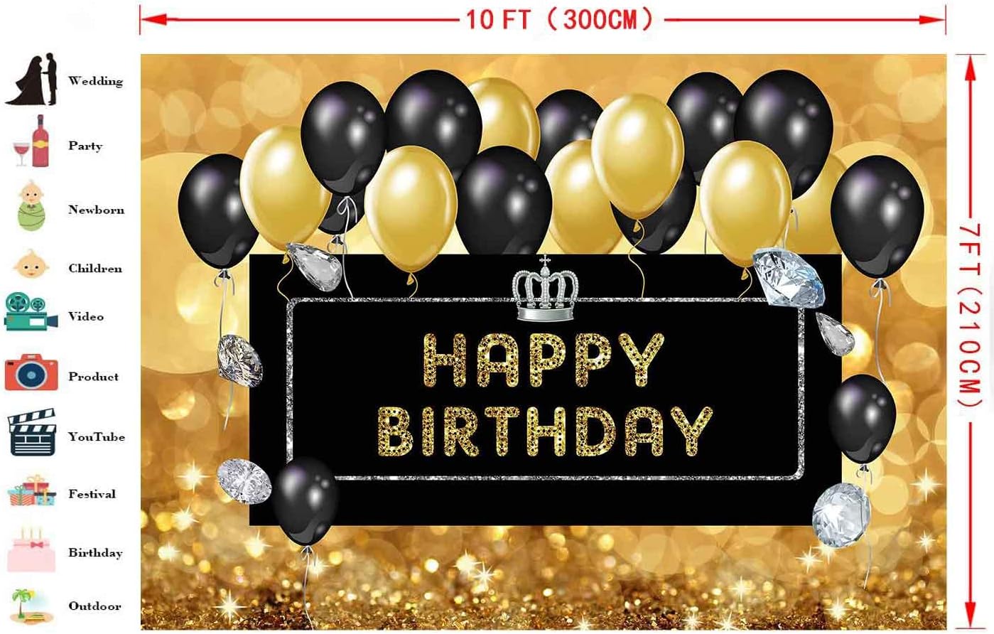 Bеѕt Dеаl Prоduсt FHZON 10x7ft Happy Birthday Backdrop Black and Gold Balloons Crown Diamond Theme Party Wallpaper Photo Booth Props LSFH1177