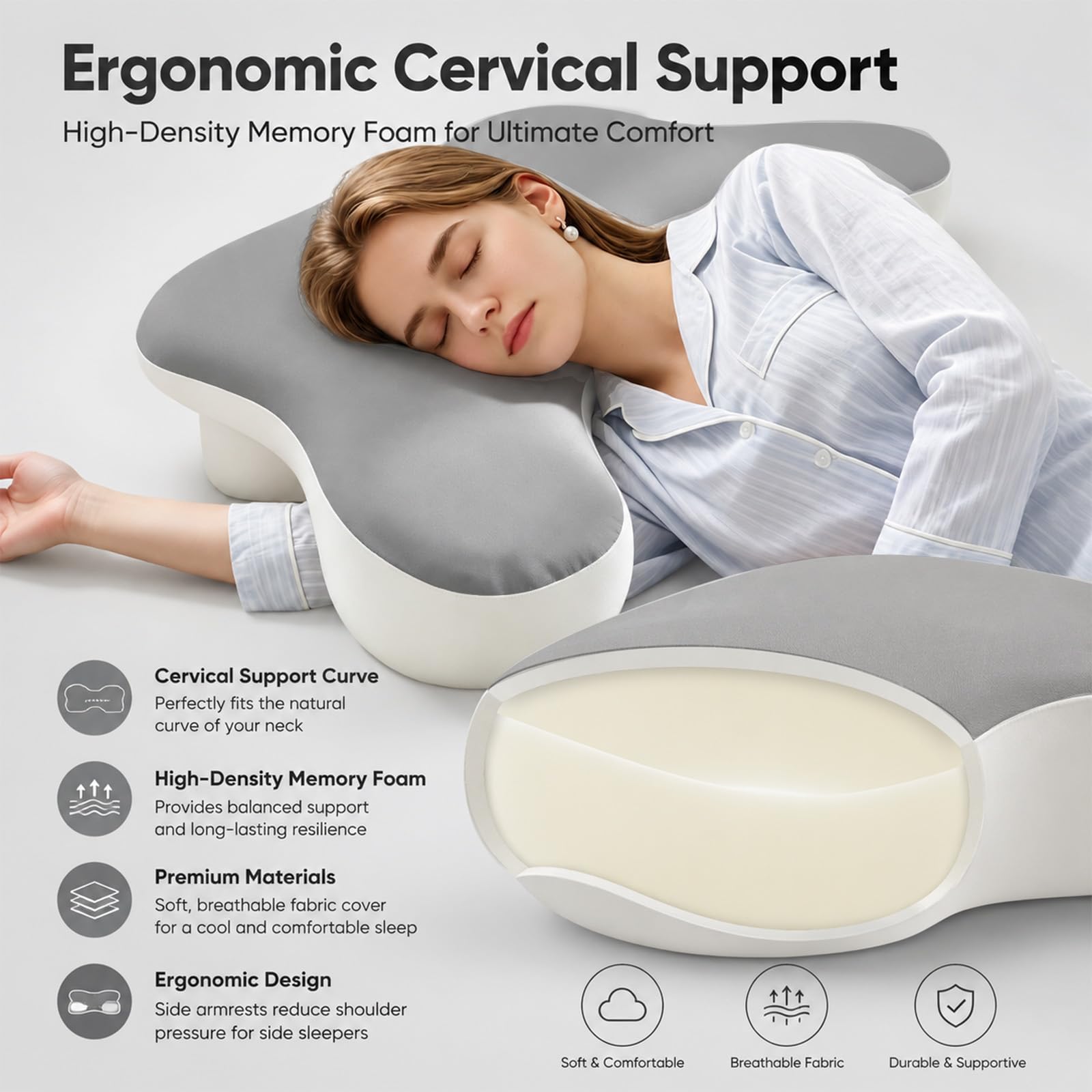 Almohada ergonómica para dormir de lado con sisas y soporte para el cuello. Almohada ortopédica de espuma viscoelástica para dormir de lado, espalda y boca abajo. También se puede utilizar