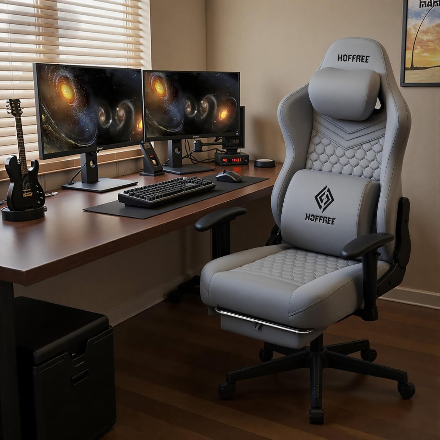 HOFFREE Gaming Chair Suede Fabric with Speakers Massage Gaming Chairs with Pocket Spring Cushion 165° Reclining Computer Office Chair for Adults Ergonomic Computer Chair with Footrest Grey