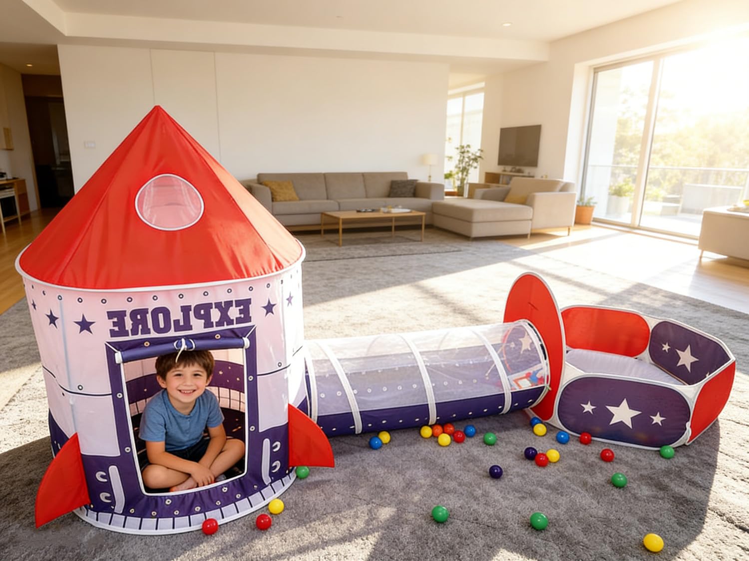3 en 1 Kids Play Tienda Tunel de rastreo y Bola Hoyo Tienda de Playhouse Infantil con aro de Baloncesto, para Uso Interior y Exterior con Estuche portátil. (Rojo) (Azul Oscuro)