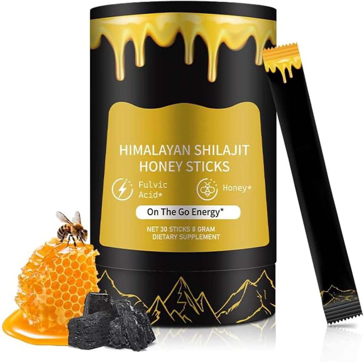 Shilajit Honey Sticks for Men, 100% Pure Himalayan Shilajit Enriched with Acid Fulvic, Enriched Essential Minerals and 85+ Trace Elements to Boost Energy and Immunity, 30 Individually Packaged.