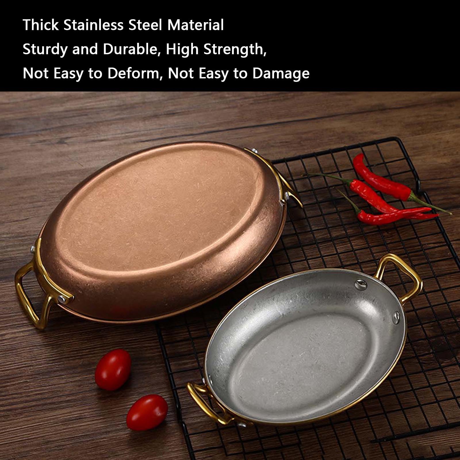Ovale spanische Paella-Pfanne, antihaftbeschichtete Edelstahlpfanne, genietete Griffe, spülmaschinenfest, Paella-Kochgeschirr für Zuhause oder Restaurants,Retro Gold,24cm