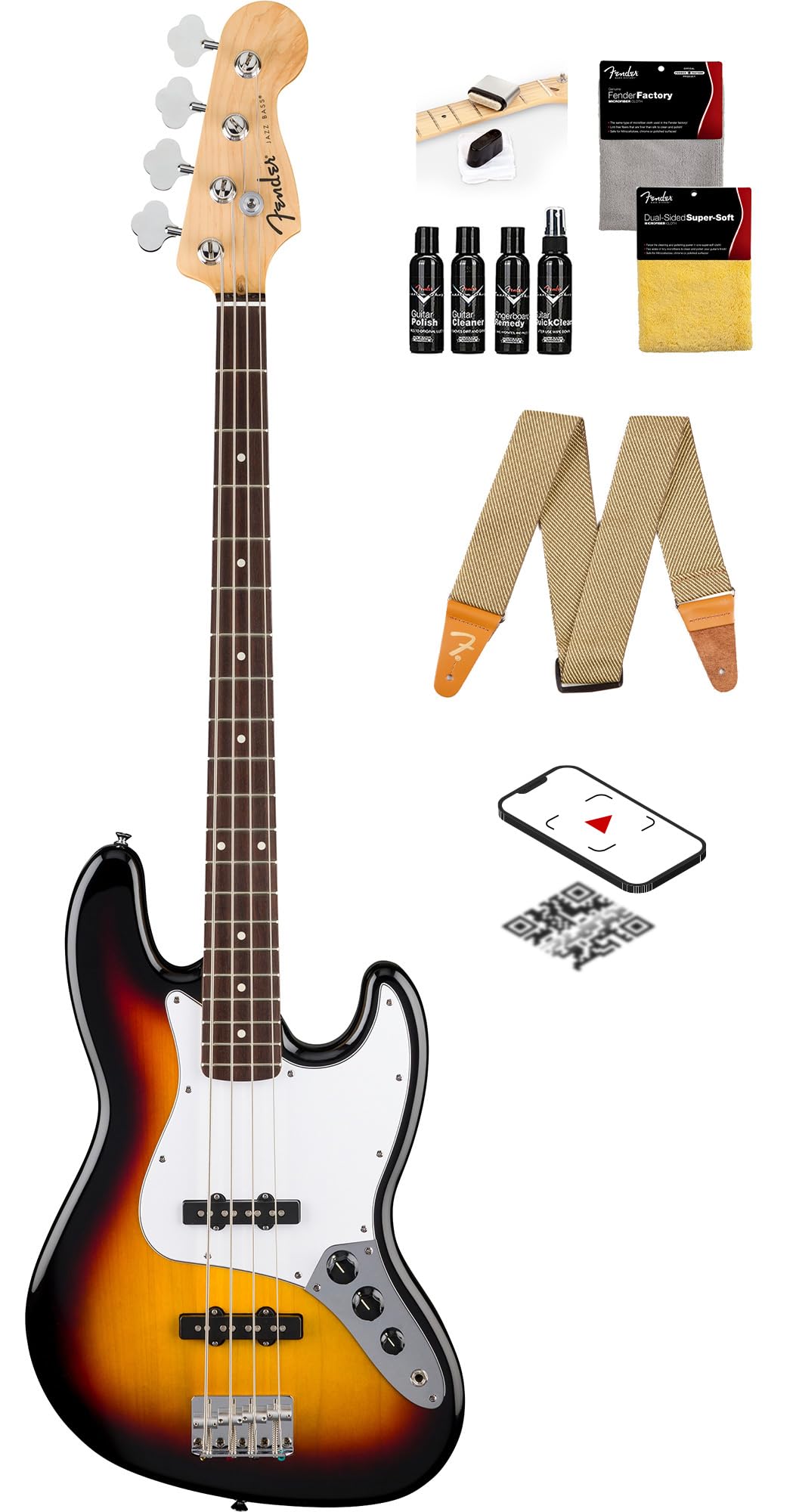 Fender Standard Jazz Bass - 3-Color Sunburst Bundle with Strap, Guitar Cleaning Kit and Austin Bazaar Instructional Video