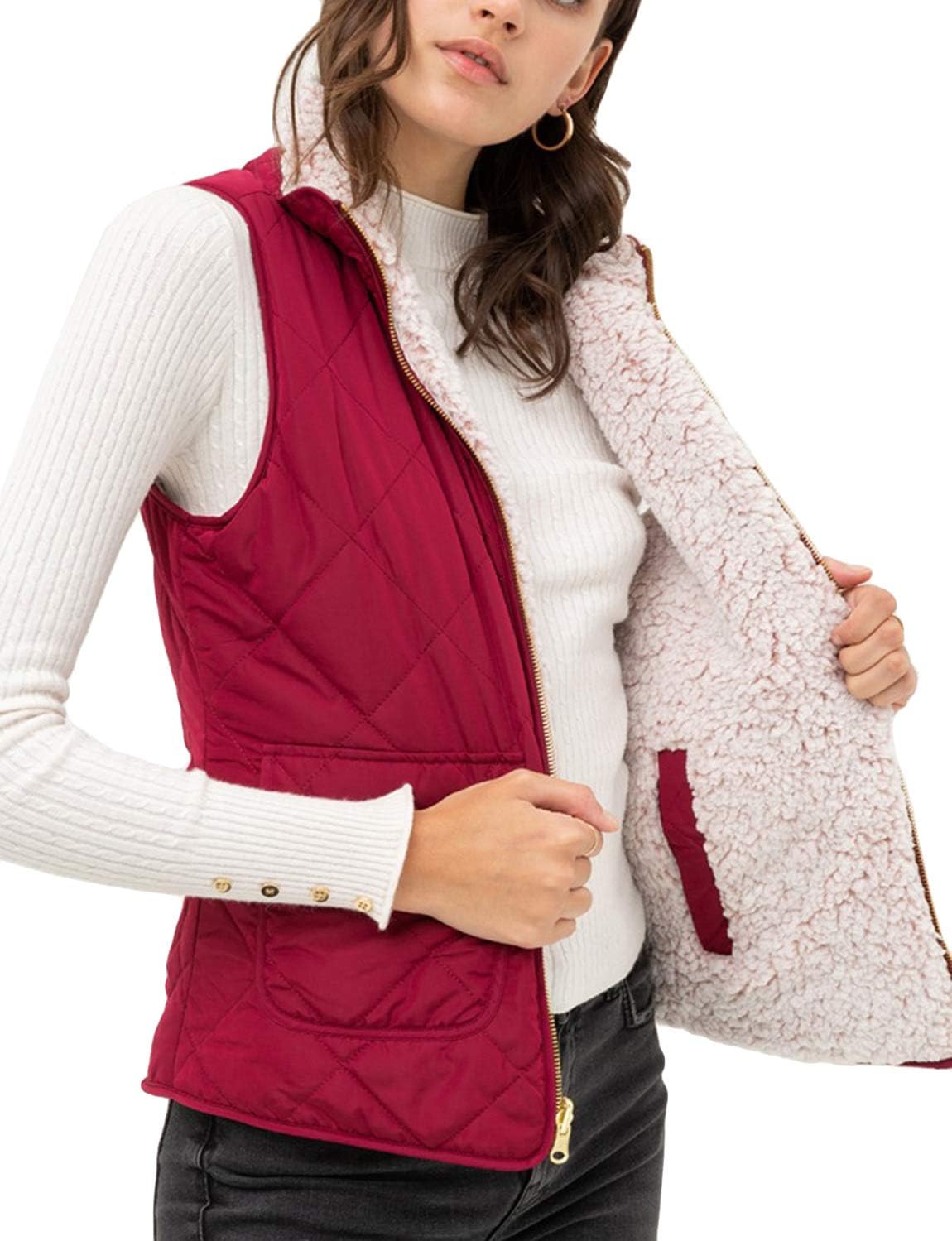 NE PEOPLE Women’s Quilted Vest – Reversible Lightweight Sleeveless Full Zip Up Faux Fur Lining Gilet Jacket with Pockets image 5