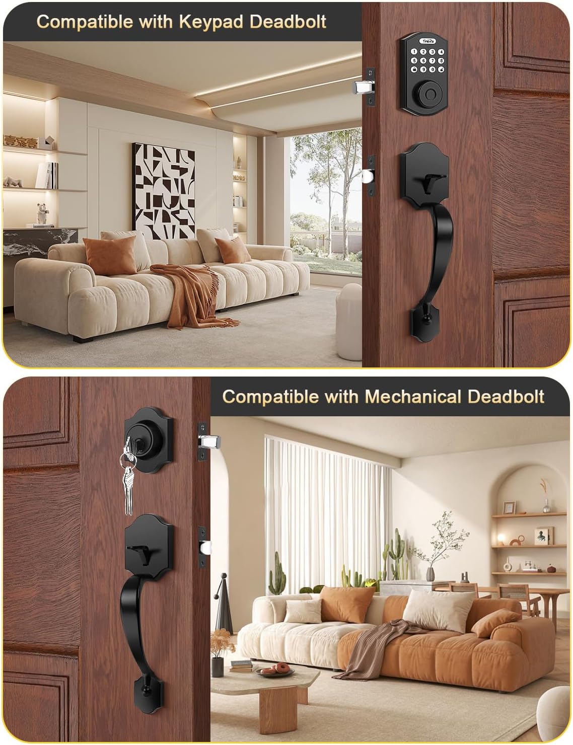 Tinewa Single Cylinder Exterior Handleset, Keyless Front Door Handle with Lever Inside, Black Finish