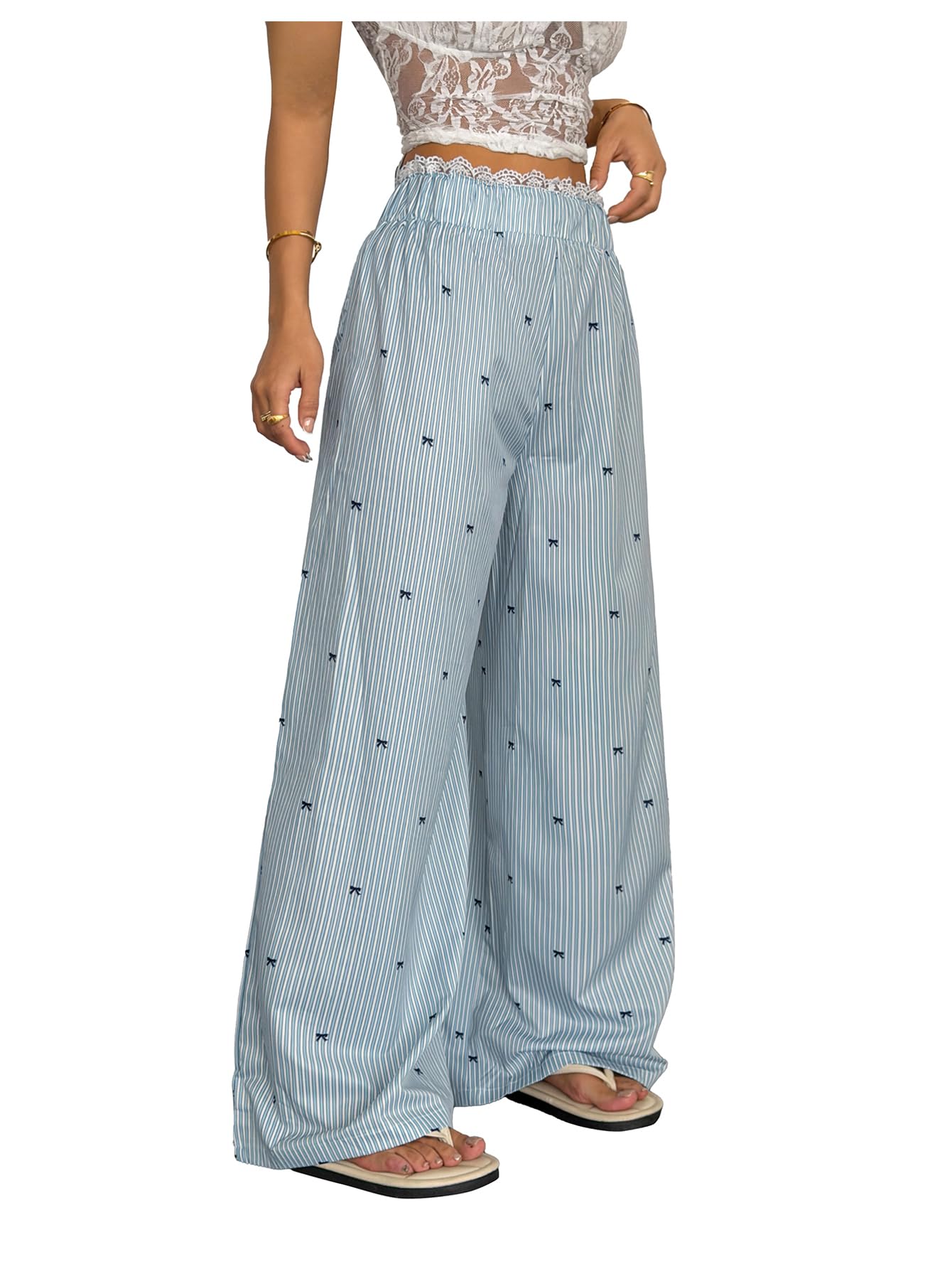 SHENHE Womens Striped Wide Leg Bow Pants Elastic Waist Lace Trim Loose Travel Pants Trousers