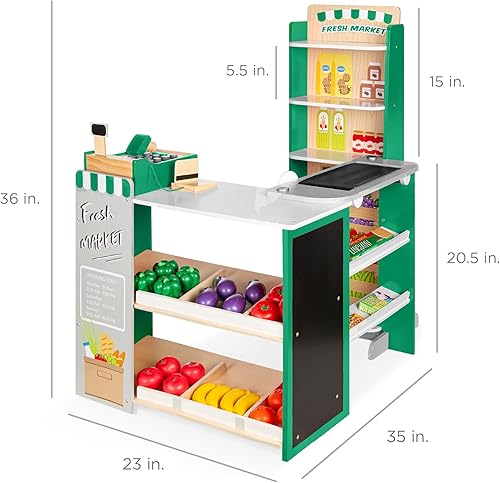 Miniatura 7 de Best Choice Products - Set de juguete de simulación de tienda de comestibles de madera para niños con alimentos de juego, pizarra, caja