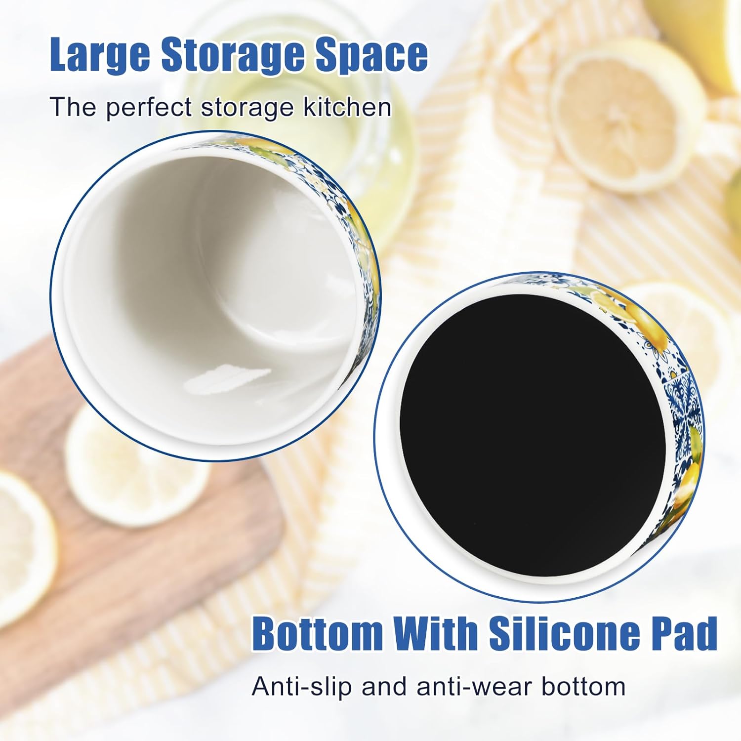 JarThenaAMCS Capri Lemon Ceramic Utensil Holder Blue Tiles Yellow Lemon Utensil Crock for Summer Home Kitchen Countertop Storage Organizer Container