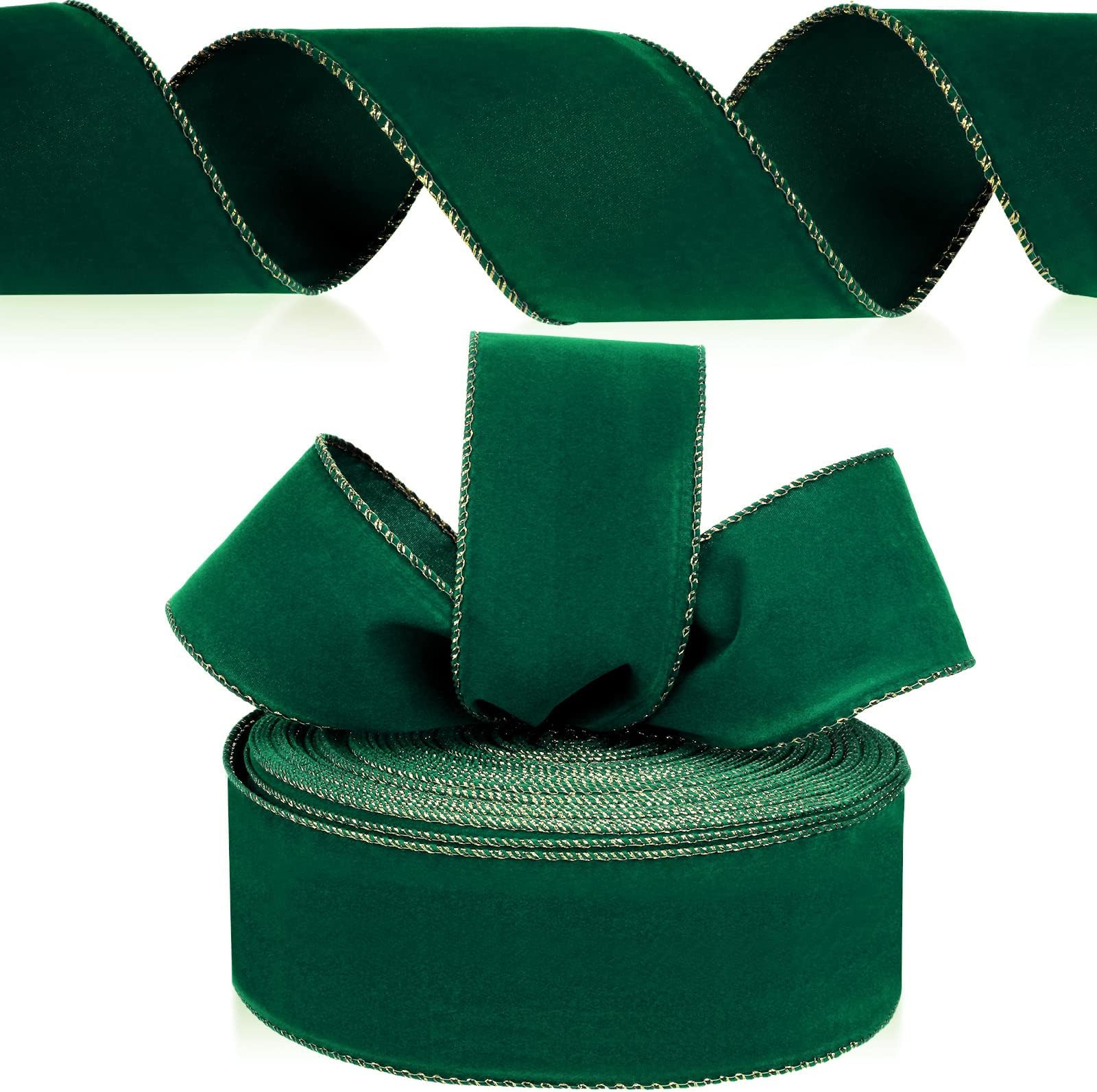 Yungyan Velvet Ribbons with Gold Edge Felt Ribbon Gift Bow Wrapping Ribbon Waterproof for Handmade, Home Decor, Gift Wrapping, Wreath DIY Crafts, Christmas Tree(Green,2.5 Inch X 60 Yards)