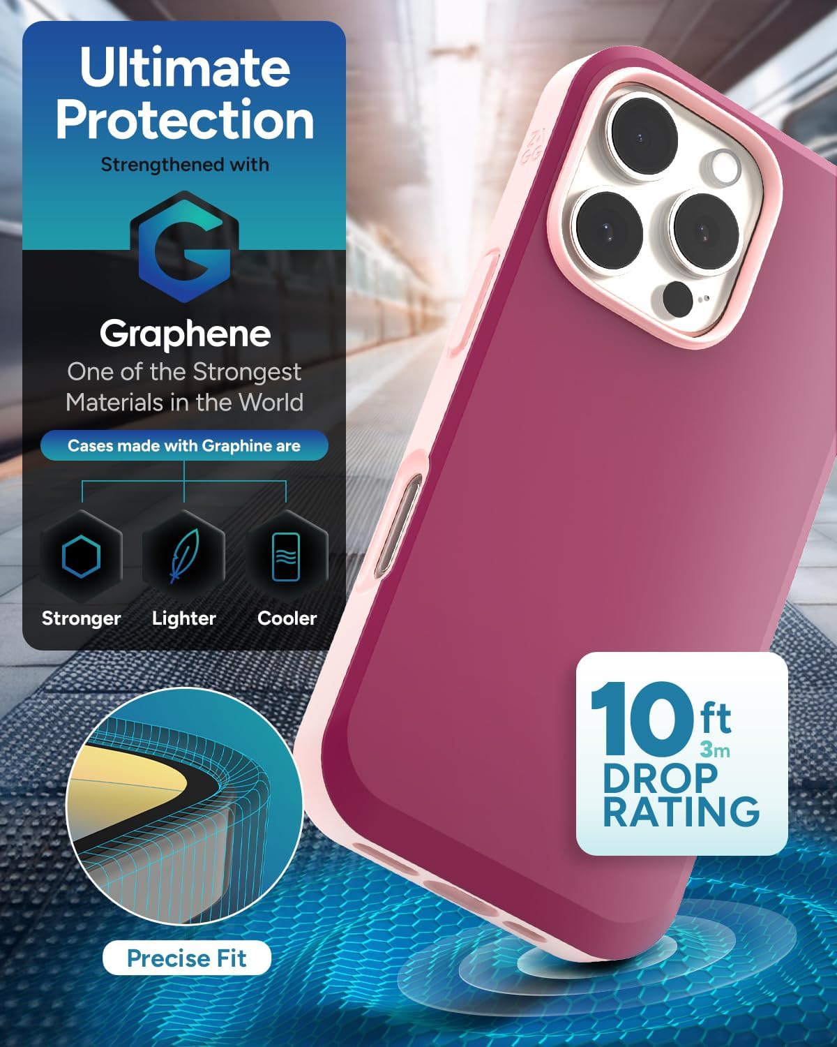 ZAGG SoHo Snap Case for iPhone 16 Pro - MagSafe Compatible, 10ft Drop Protection, Graphene-Infused, Wireless Charging, Eco-Friendly, Two-Tone Design, Currant Red Pink