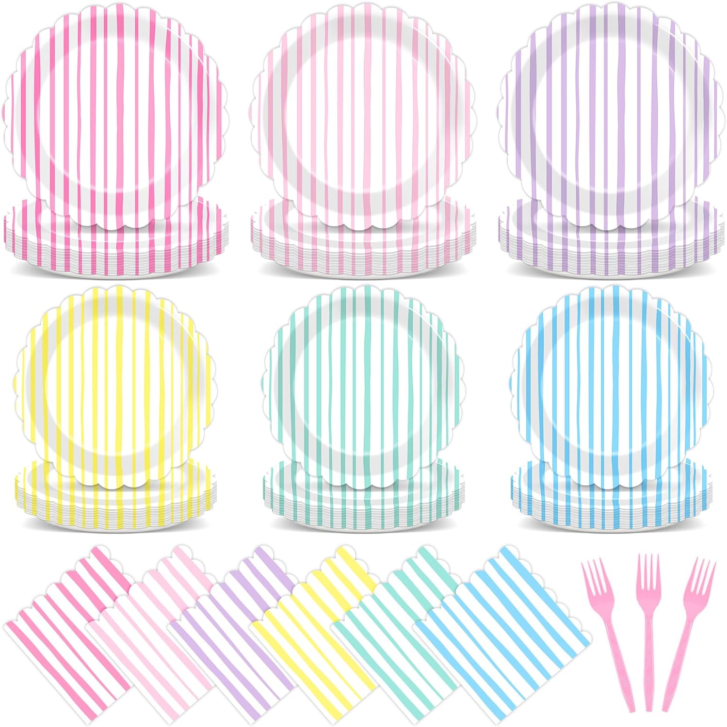 96Pcs Pastel Stripe Party Supplies Pastel Paper Plates Napkins Stripe Ice Cream Party Tableware Set Pastel Dinnerware for Girl Birthday Party Baby Shower Decoration Serve 24 (Scalloped)