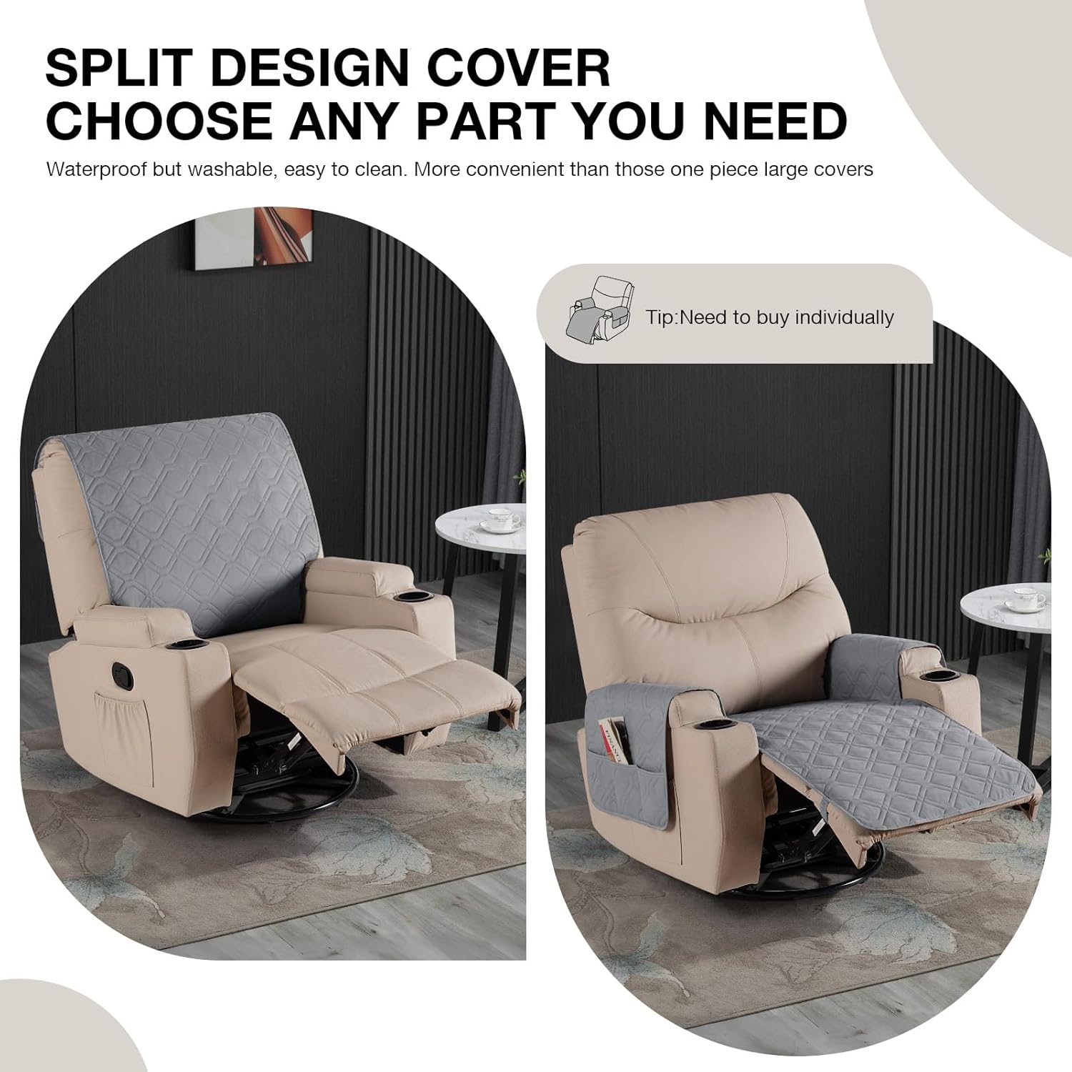 VANSOFY Recliner Chair Covers 100% Waterproof Backrest Cover Reclining Cover Non-Slip Dog Chair Cover Furniture Protector Washable Slipcover Elastic Straps for Pets, Dogs(Light Gray)