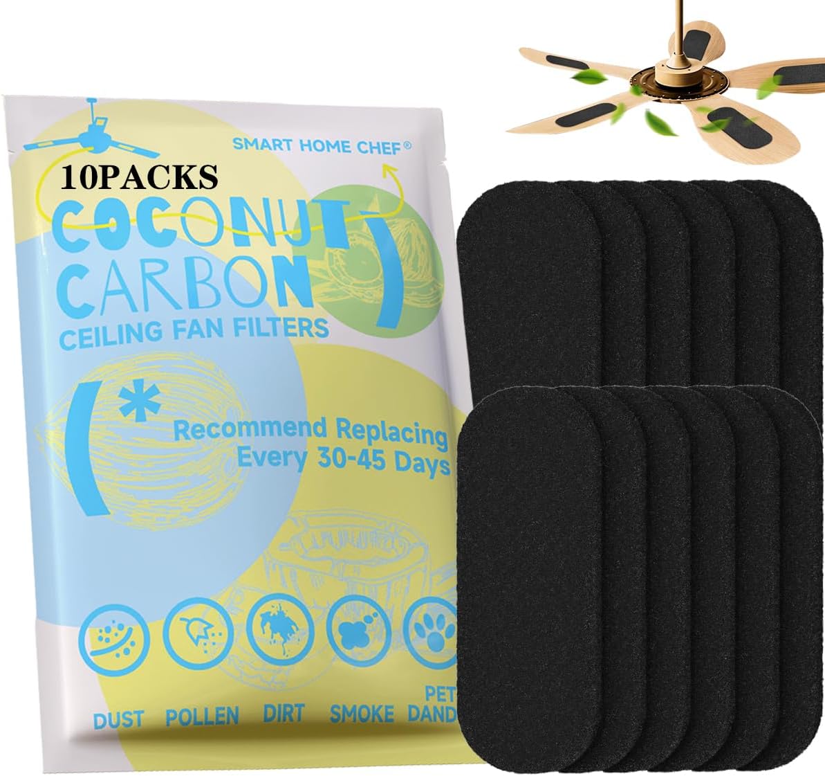 Ceiling Fan Filters for Blades with Activated Coconut Carbon - 10 Pack |Easy-Stick | Traps Dust, Pet Dander & Pollen |Odorless Reduction for Home & Office (10)