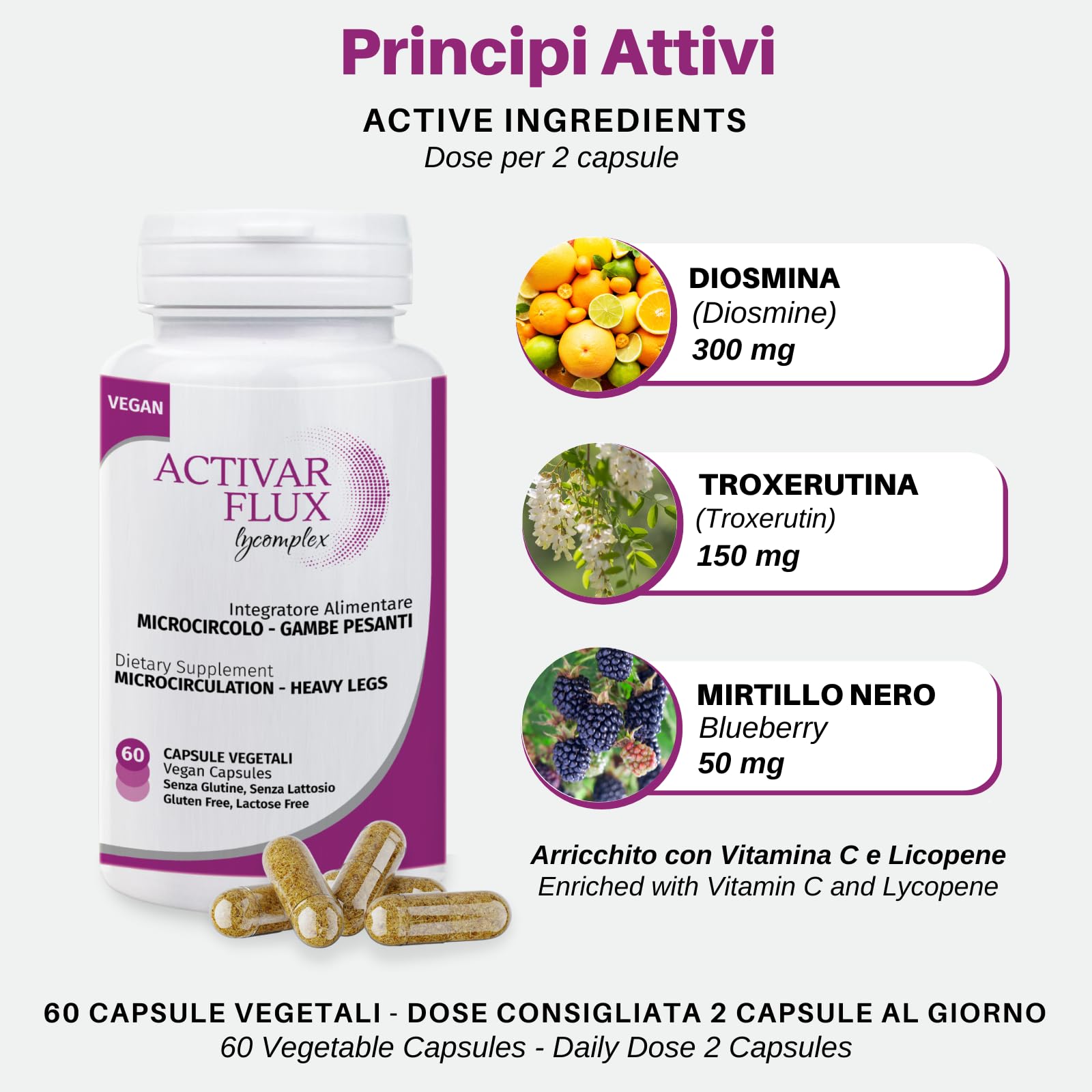 Activar Flux Lycomplex | Integratore con Diosmina, Troxerutina e Mirtillo | Sostiene la Funzionalità del Microcircolo | Per Vene, Capillari Fragili, Gambe Gonfie e Pesanti | 60 Capsule Vegetali