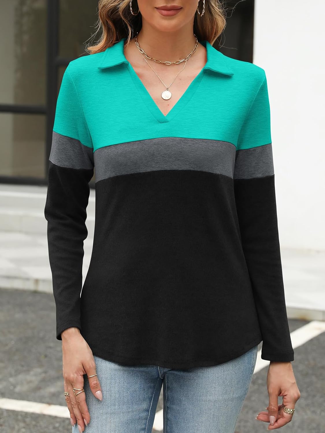 Women's Long Sleeve Shirts V Neck Tunic Tops Dressy Casual Basic Tees Blouse Loose Collar Polos - Image 3