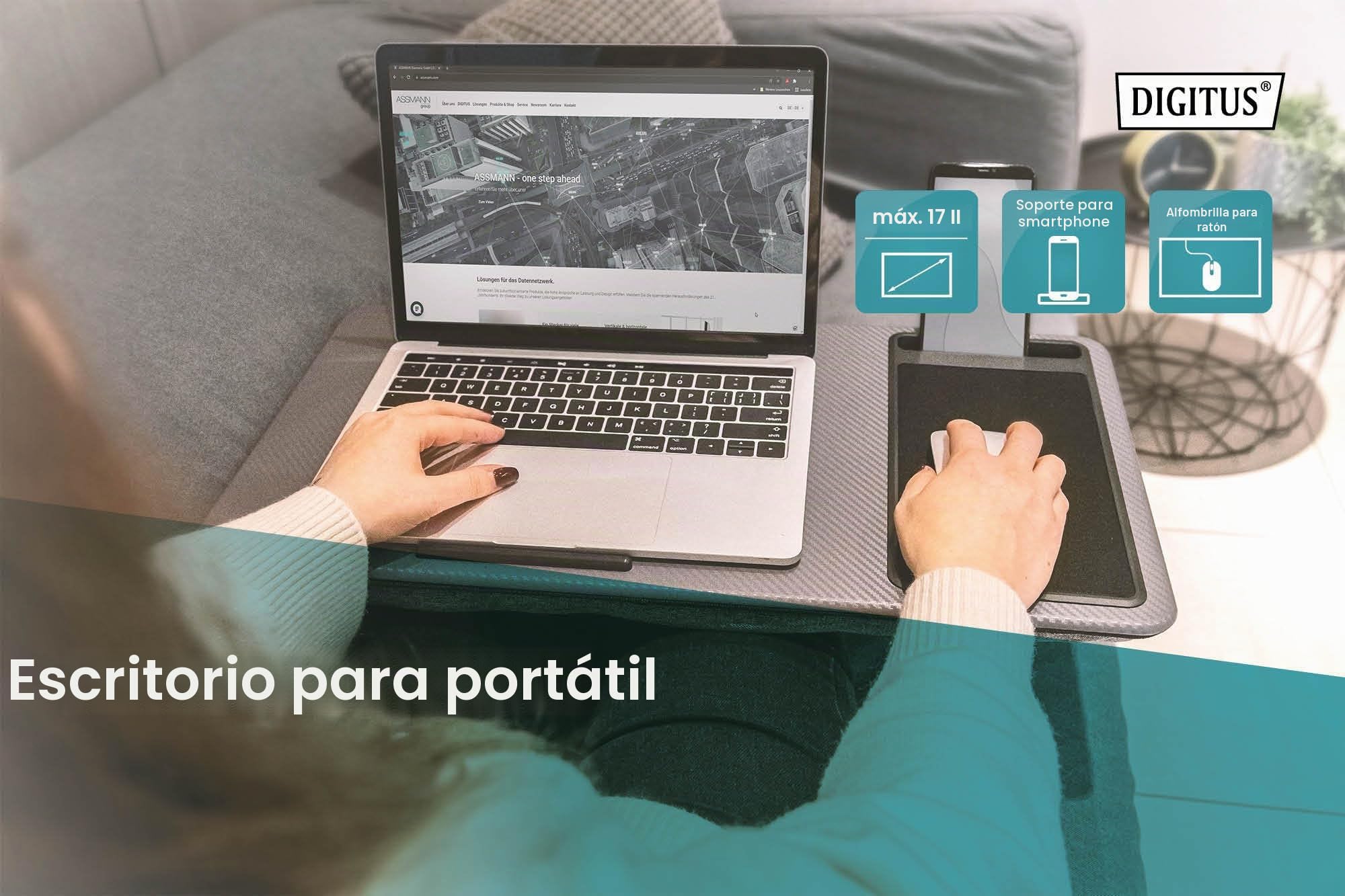 DIGITUS DA-90441 - Cojín para portátil - para portátiles de 17" - con Soporte para Smartphone - cojín para portátil - Mesa para portátil para Trabajar cómodamente Desde el sofá o la Cama - Gris