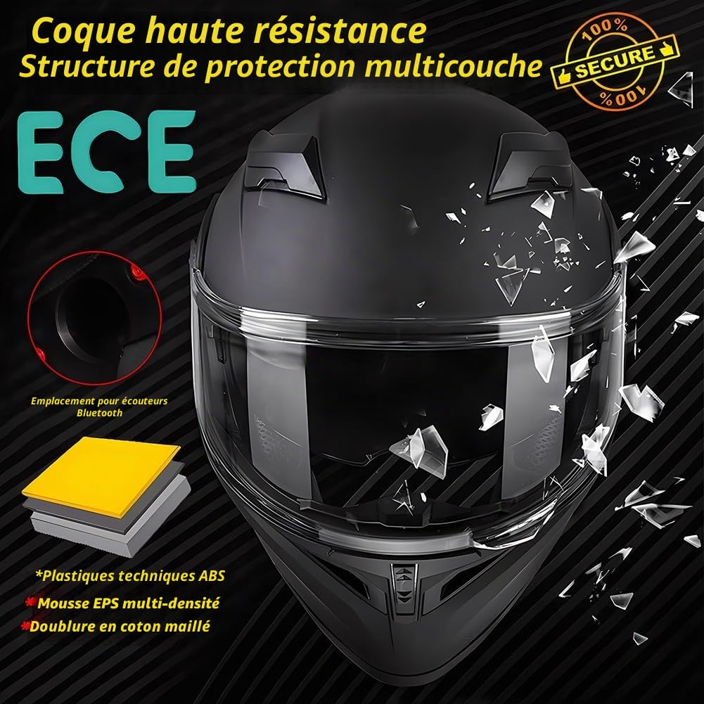 Casque Moto Homme Femme Casque Moto modulable Double Visière Adultes Casque Bluetooth Modulable Moto Intégral pour Scooter Chopper Homologué ECE - Casque Street Cyclomoteur Racing
