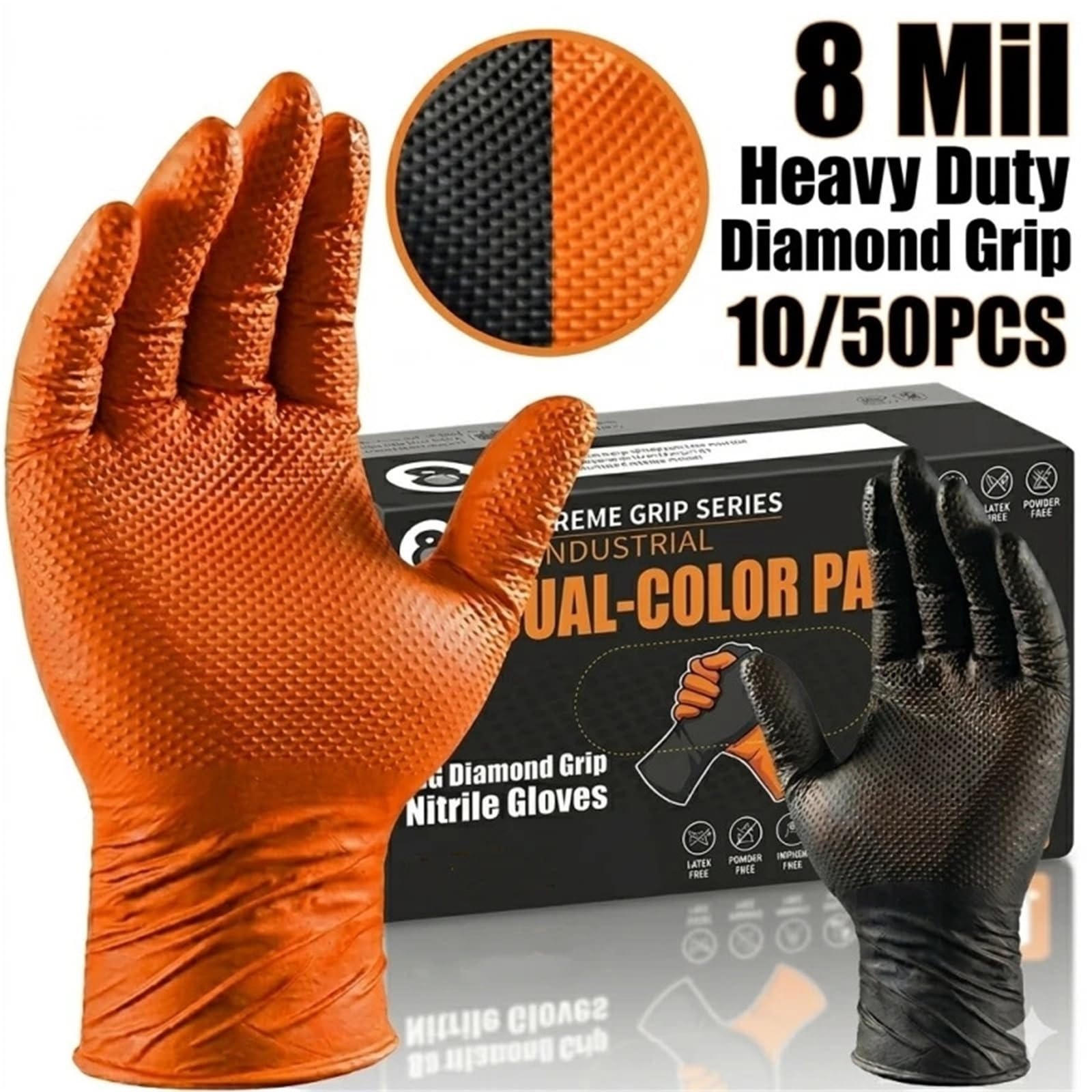 Rutschfeste Arbeitshandschuhe Orangefarbene Nitrilhandschuhe mit strukturiertem Griff for Mechaniker-Arbeitshandschuhe(Black 50PCS,XL)