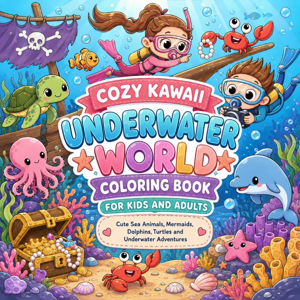 Cozy Kawaii Underwater World Coloring Book: Cute Sea Animals, Mermaids, Dolphins, Turtles and Underwater Adventures, Anxiety Relief Coloring Book For Kids And Adults