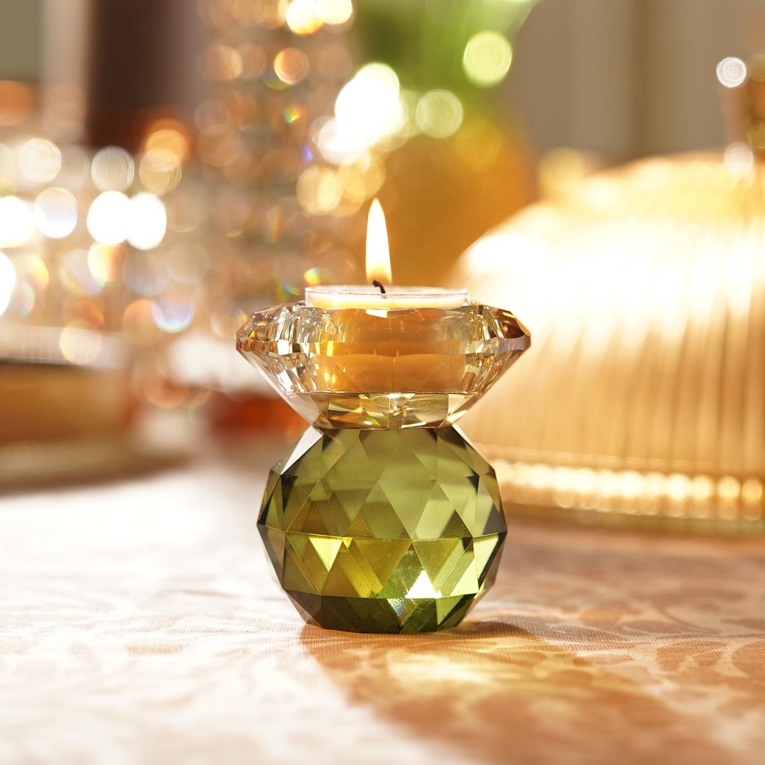 Amber & Green Cut Glass Crystal Candle Holder Christmas Decorations Items for Home Décor Living Room Bedroom Dining Table Christmas and Diwali Gifts (Pack of 1)-image-43