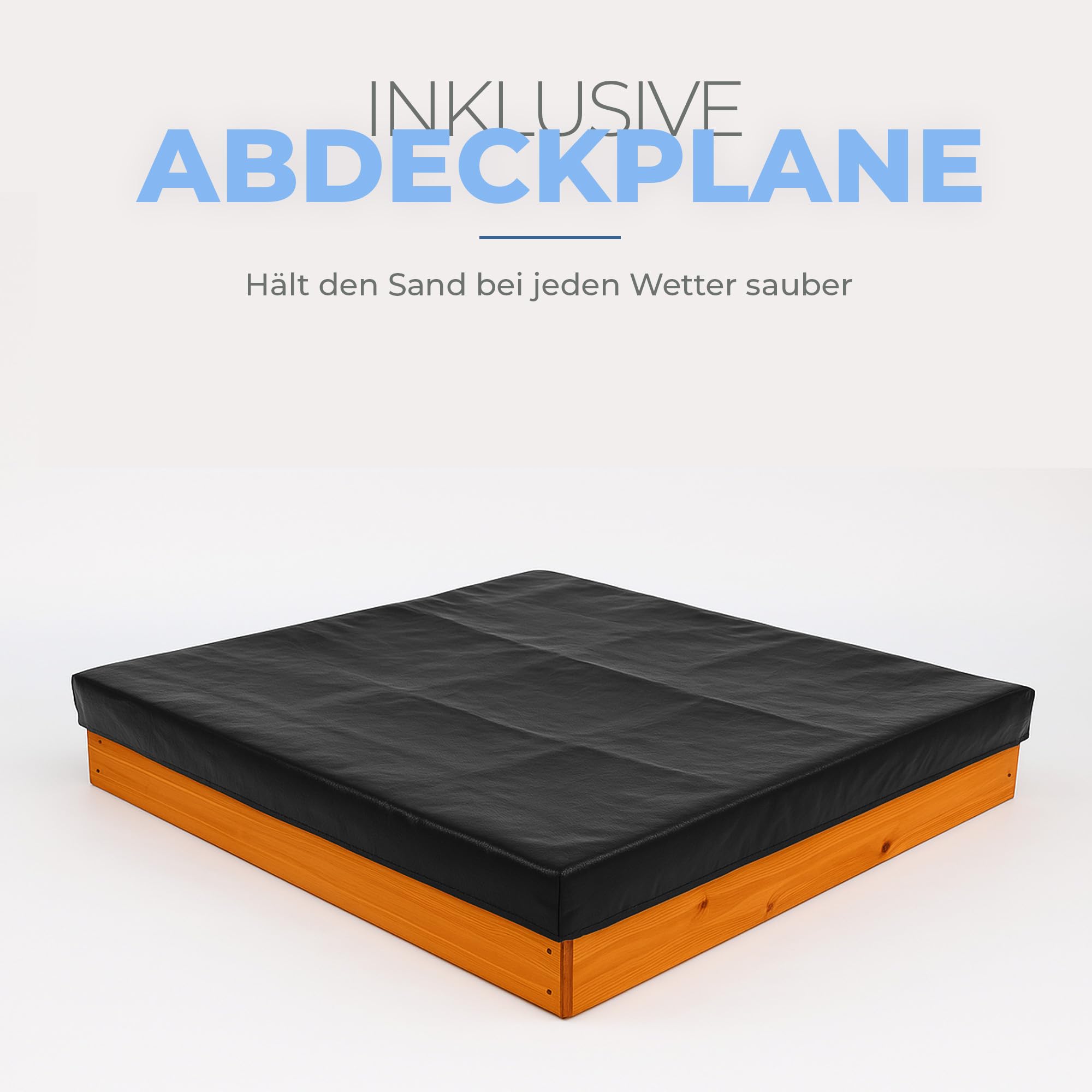 Bestlivings Sandkasten mit Abdeckung 90x90x16 cm, Holz Sandbox inkl. Bodenplane gegen Unkraut und Käfer, Buddelkasten mit bunten Ecken für den Garten