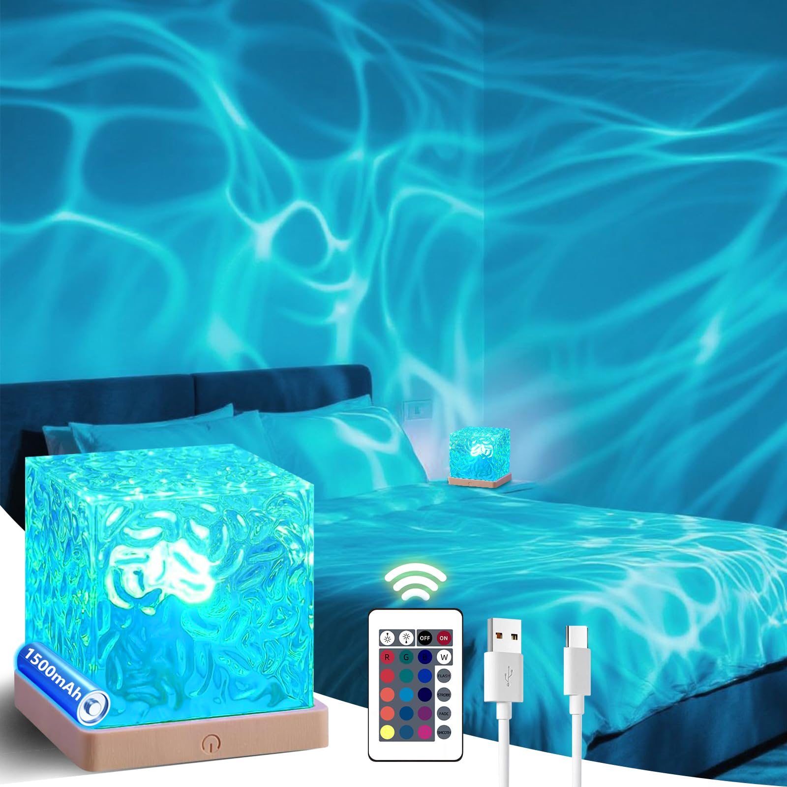 HESUSLA Lights Projector Rechargeable, Touch Cube Color Changing Light with 16 Colors 4 Modes Dimmable Cordless Mood Lamp for Shower, Ambient Lighting for Bedroom and Bathroom: Ocean Wave