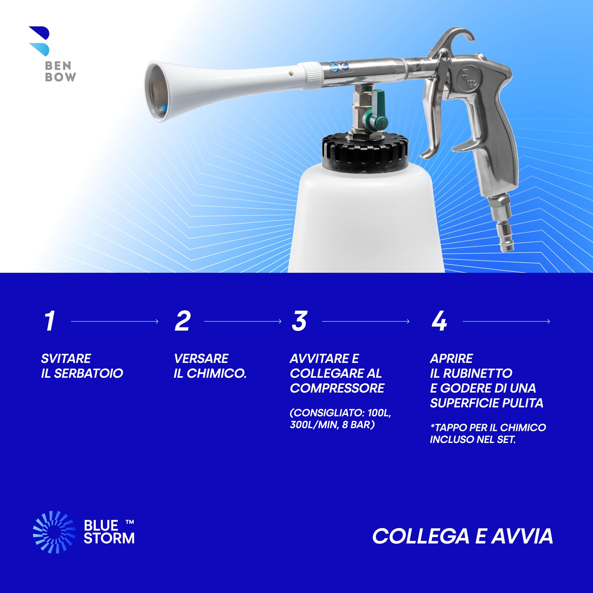 BenBow Pistola ad Aria compressa PRO Blue Storm – Molto Durevole, Robusta – per Una Pulizia approfondita e Senza Contatto: Auto, Camion, Bus, Imbottiti – Anche per soffiaggio