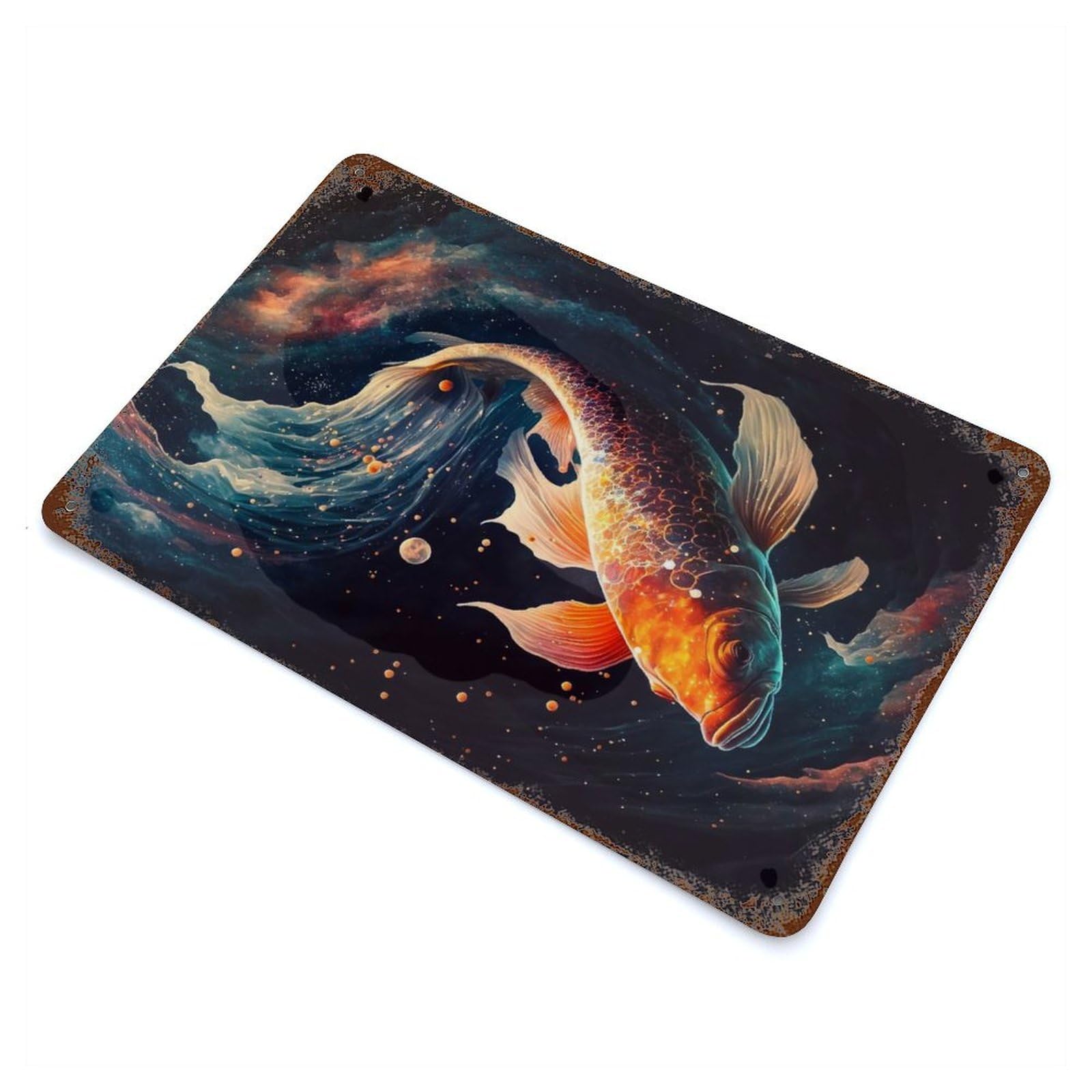 Rustic Tin Plaque with Cosmic Koi Design 11.8"x7.9", for Cafe, Home Bar And Lounge Decor, Industrial Home Decor