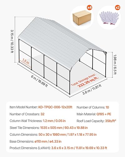 Vista 238 de VEVOR - Cobertizo portátil de almacenamiento exterior de 6 x 8 x 7 pies, refugio resistente e impermeable con puerta enrollable con cremallera y Gris