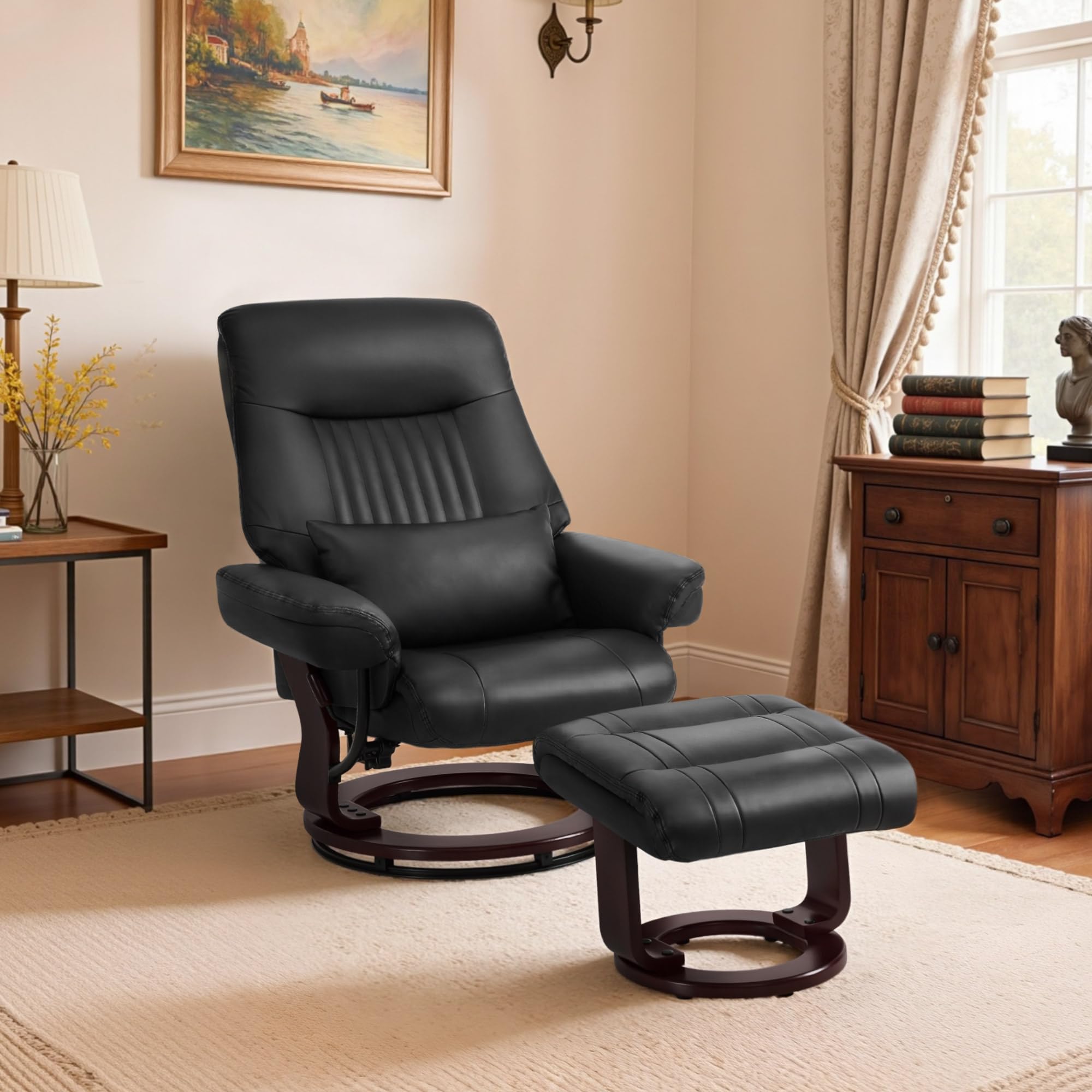 M MCombo Relaxsessel mit Liegefunktion, Lesesessel, 360° Drehbarer Fernsehsessel mit Hocker, mit Kissen & Seitentasche, bis 120 Kg Belastbarer TV-Sessel für Wohnzimmer, 9035 (Schwarz-Kunstleder)