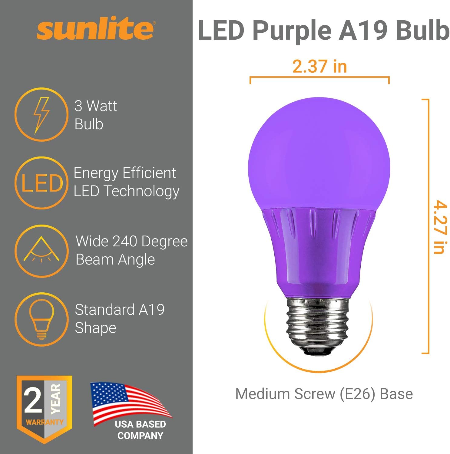 Tech Deals 🔥 Sunlite 80132 LED A19 Colored Light Bulb, 3 Watts (25w Equivalent), E26 Medium Base, Non-Dimmable, UL Listed, Party Decoration, Holiday Lighting, 1 Count, Purple