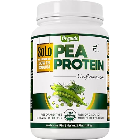 SOLO Organic Pea Protein Powder, Low in Sodium, Canada Grown Peas, 100% Vegan, Non-GMO, Unflavored Plant Based Protein Powder with BCAA, Keto & Paleo Friendly, Easy to Digest, No Additives (2.7 lbs)