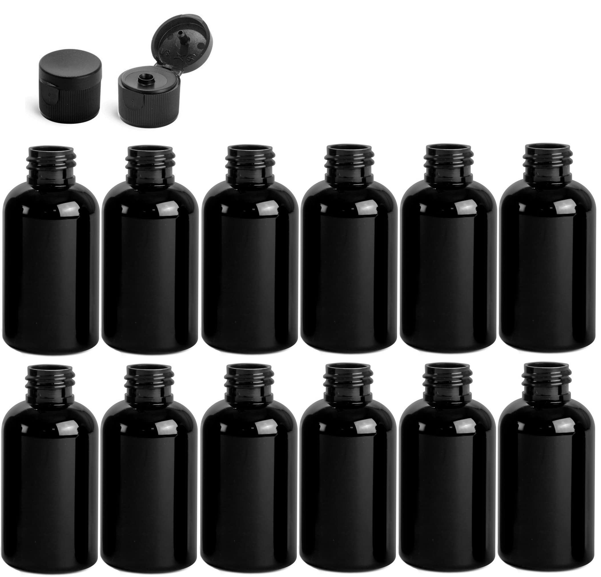 Premium Essential Oil2 Ounce Boston Round Bottles, PET Plastic Empty Refillable BPA-Free, with Black Ribbed Flip-Up Snap Caps (Pack of 12) (Black)