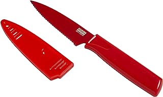 KUHN RIKON COLORI Non-Stick Serrated Paring Knife with Safety Sheath, 4 inch/10.16 cm Blade, Red