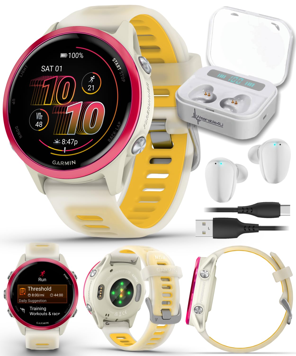 Garmin Forerunner 570 42mm Advanced GPS Running &amp; Triathlon Smartwatch AMOLED Display Training &amp; Recovery Features, Raspberry Aluminum w/Translucent Bone/Mango Band w/ Wearable4U White Earbuds Bundle