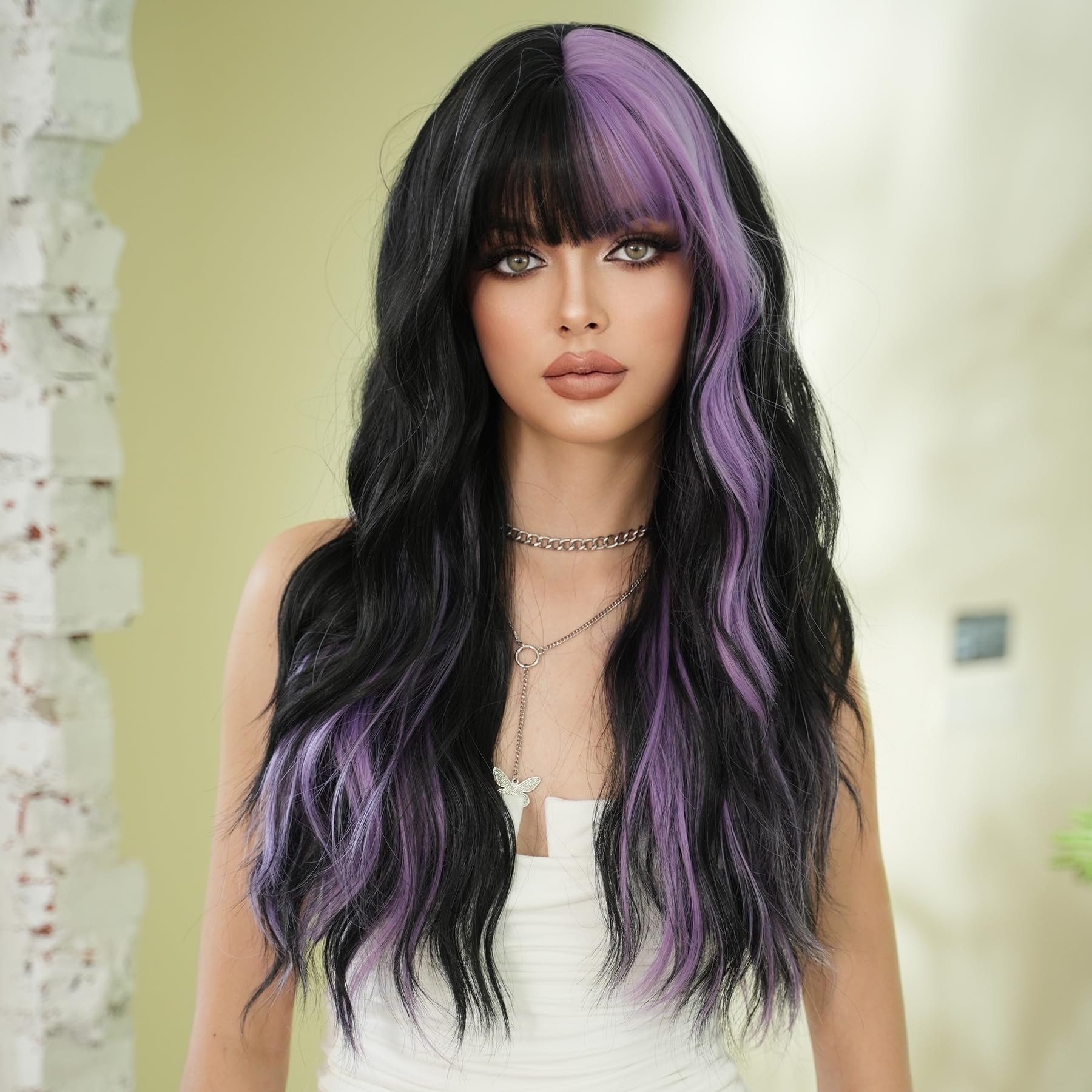 7JHH Heat-Resistant Synthetic Wavy Highlight Wig with Bangs