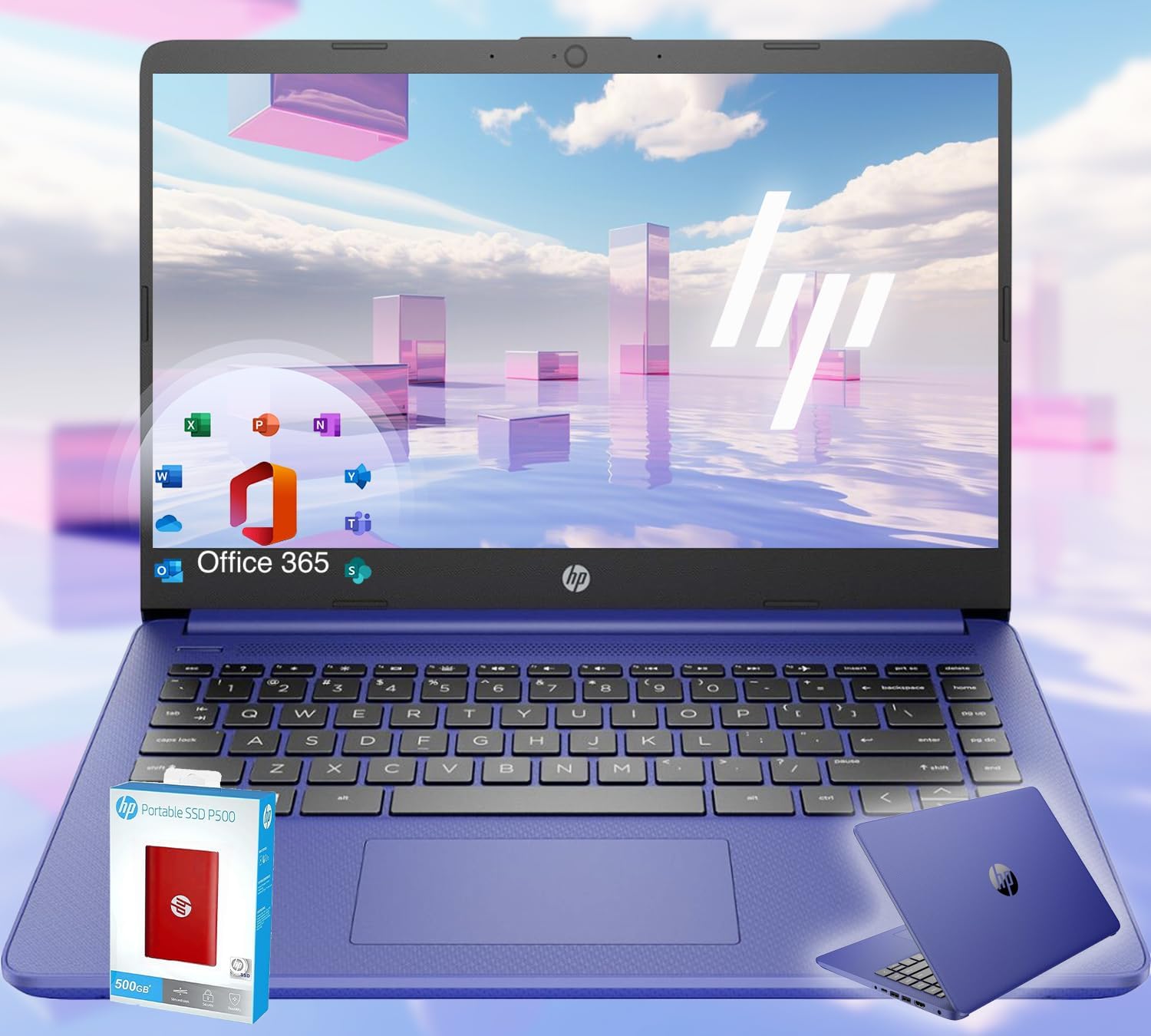 HP 14 Ultrabook • Intel 4-Core CPU • Back to School Limited Edition with Microsoft 365 • 8GB RAM • 1600GB Storage (64GB OnBoard withHP 512GB P500 Portable SSD + 1TB OneDrive) • Royal Blue • Win 11