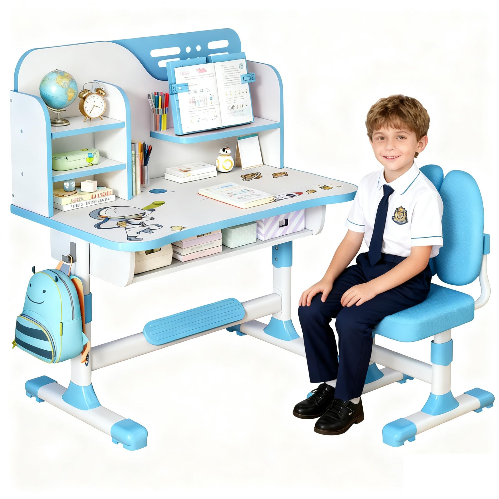 Höhenverstellbarer Kinderschreibtisch und Stuhl Set ab 3 Jahren, Schreibtisch Kinder mit Schublade und Bücherregalen, Kinder Schreibtisch für Hausaufgaben, Malen und Bastelarbeiten (Blau 5)