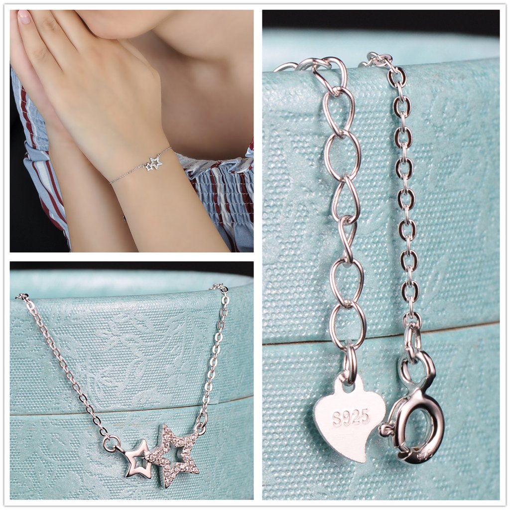 Yumilok 925 Sterling Silber Zirkonia Sterne Halskette Charm-Armband Ohrstecker Schmuck Set Armkette Ohrringe Kette mit Anhänger Set für Damen Mädchen