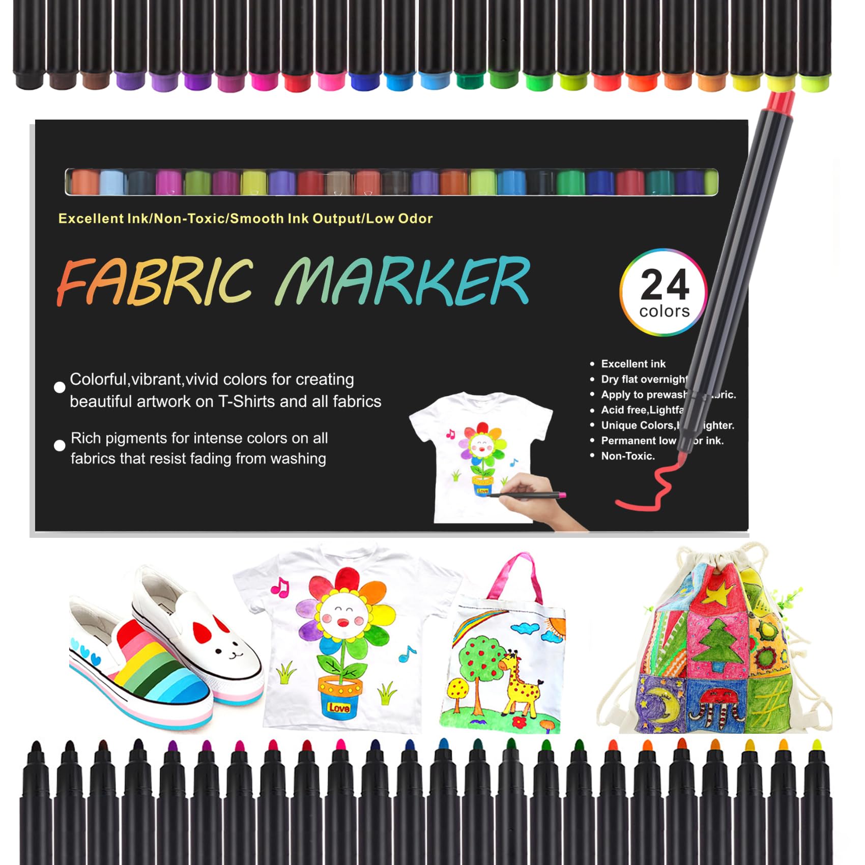 24 Colores Rotulador Textil Permanente,Pintura Textil Permanente y Lavable,Marcadores de Tela no Tóxicos e Indelebles,Perfecto para Camisetas,Bolsas