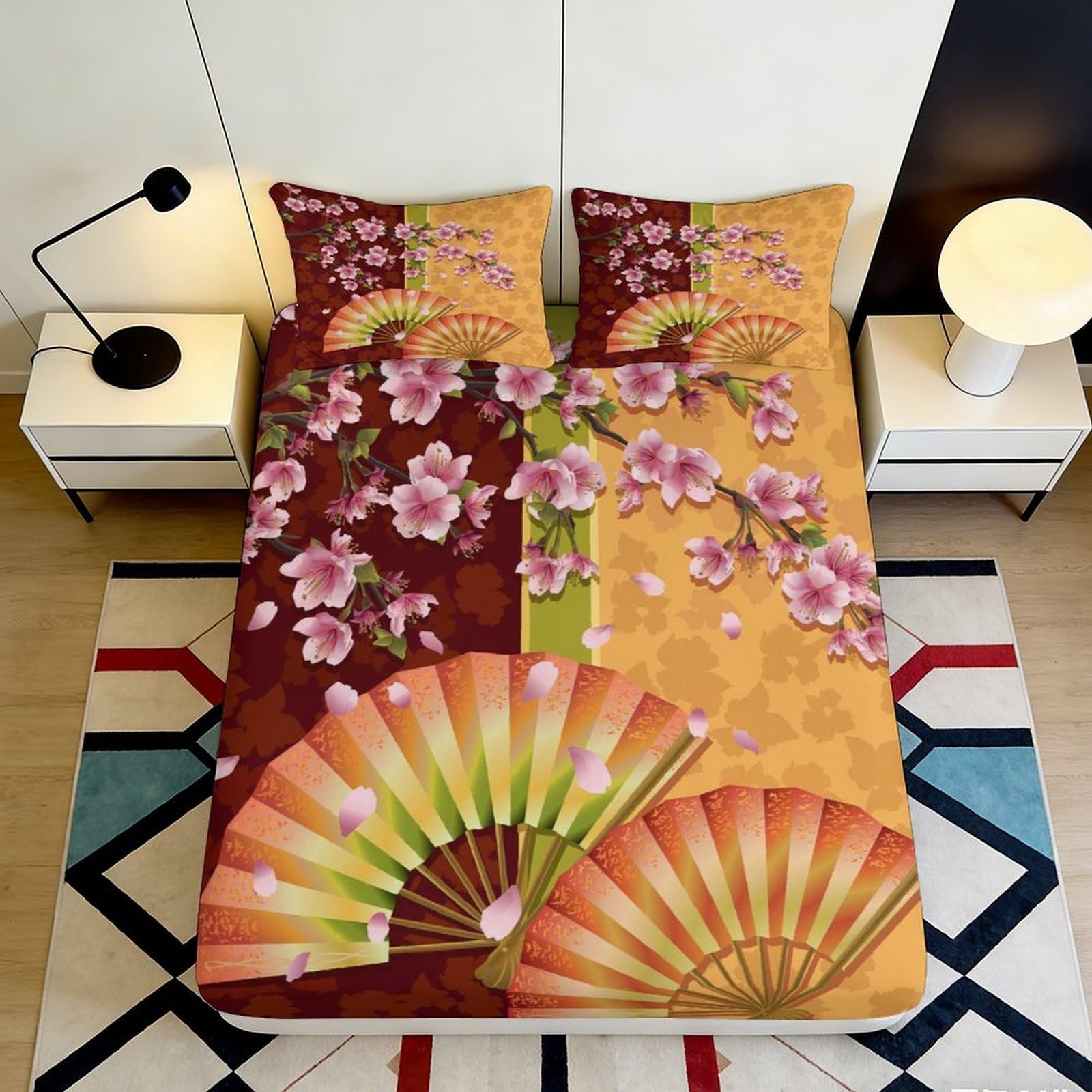 3D Printed Sakura Blossom Fitted Sheet Microfiber Asian Fan Mattress Cover for Bedroom Guest Room Easy Care Decor 90x200x25cm