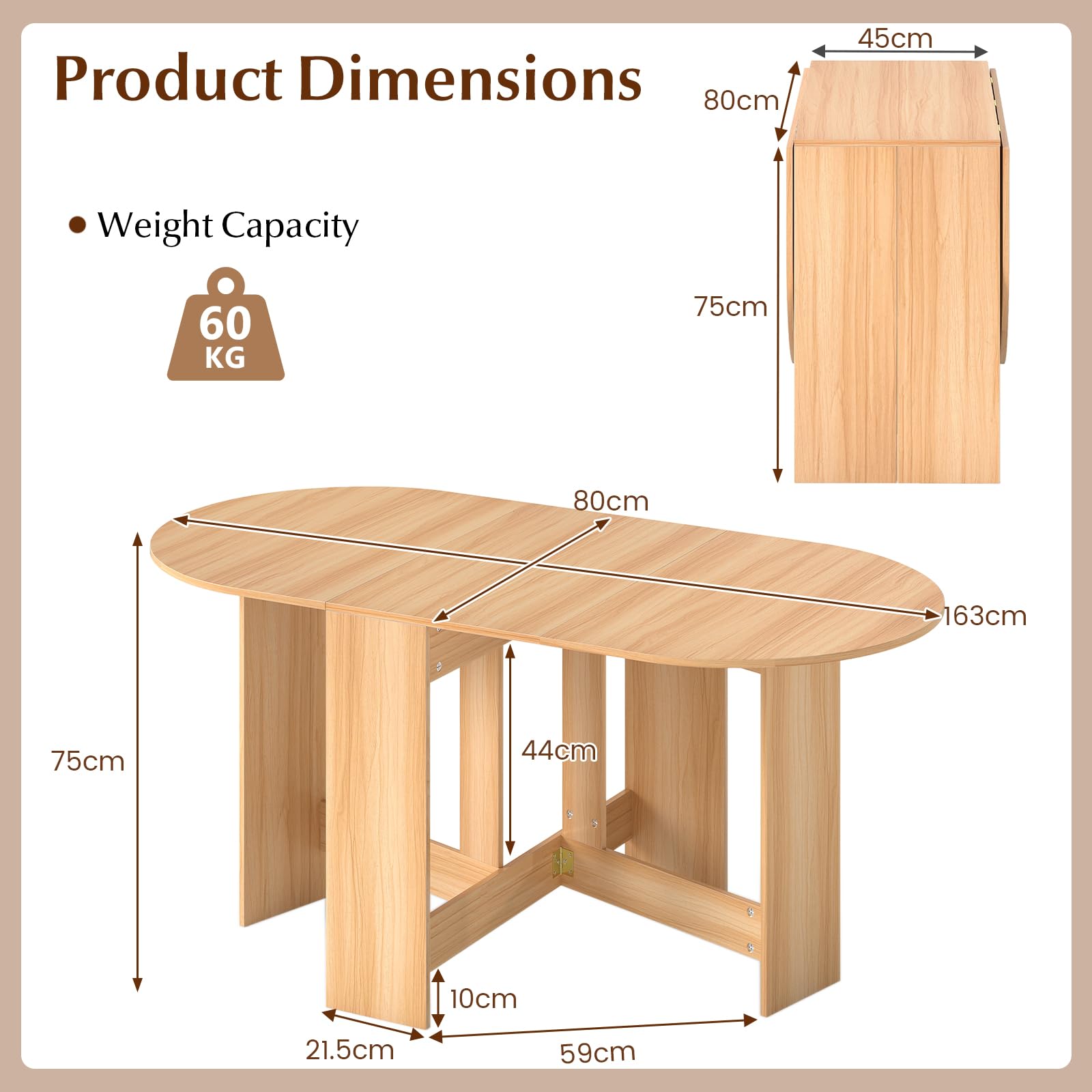 GIANTEX Table Pliante de Cuisine Salle à Manger, Table à Manger en Bois pour 4 à 7 Personnes, pour Salon, Jardin, Balcon, Bureau, Naturel