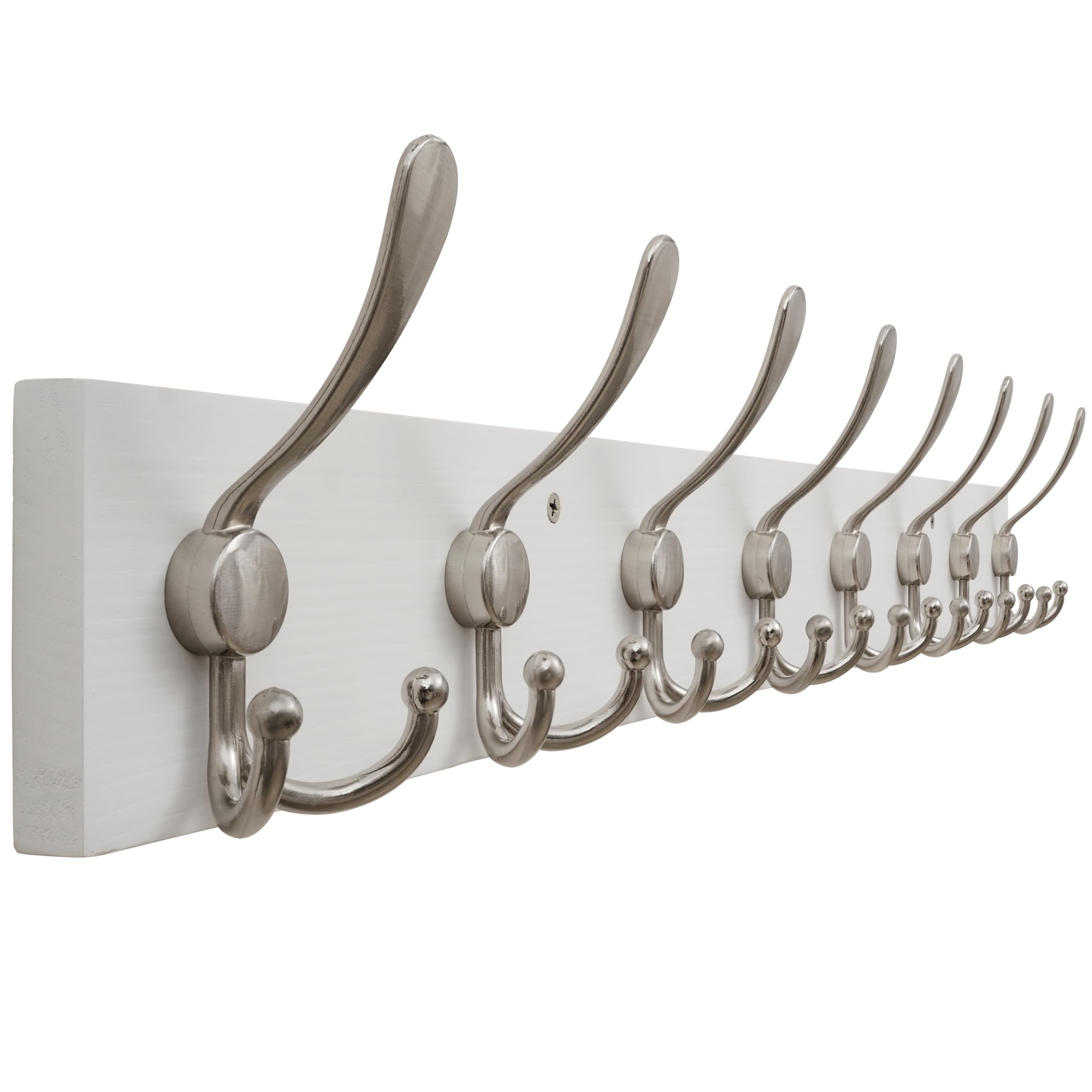 HONSKY Wall Mounted Coat Rack, White Pine Wood Spliced Panel, 8 Nickel Triple Hooks(24 Hanging Points), Sturdy Wall Coat Hanger, Wooden Coat Hooks for Entryway Hallway Bedroom,Easy Install